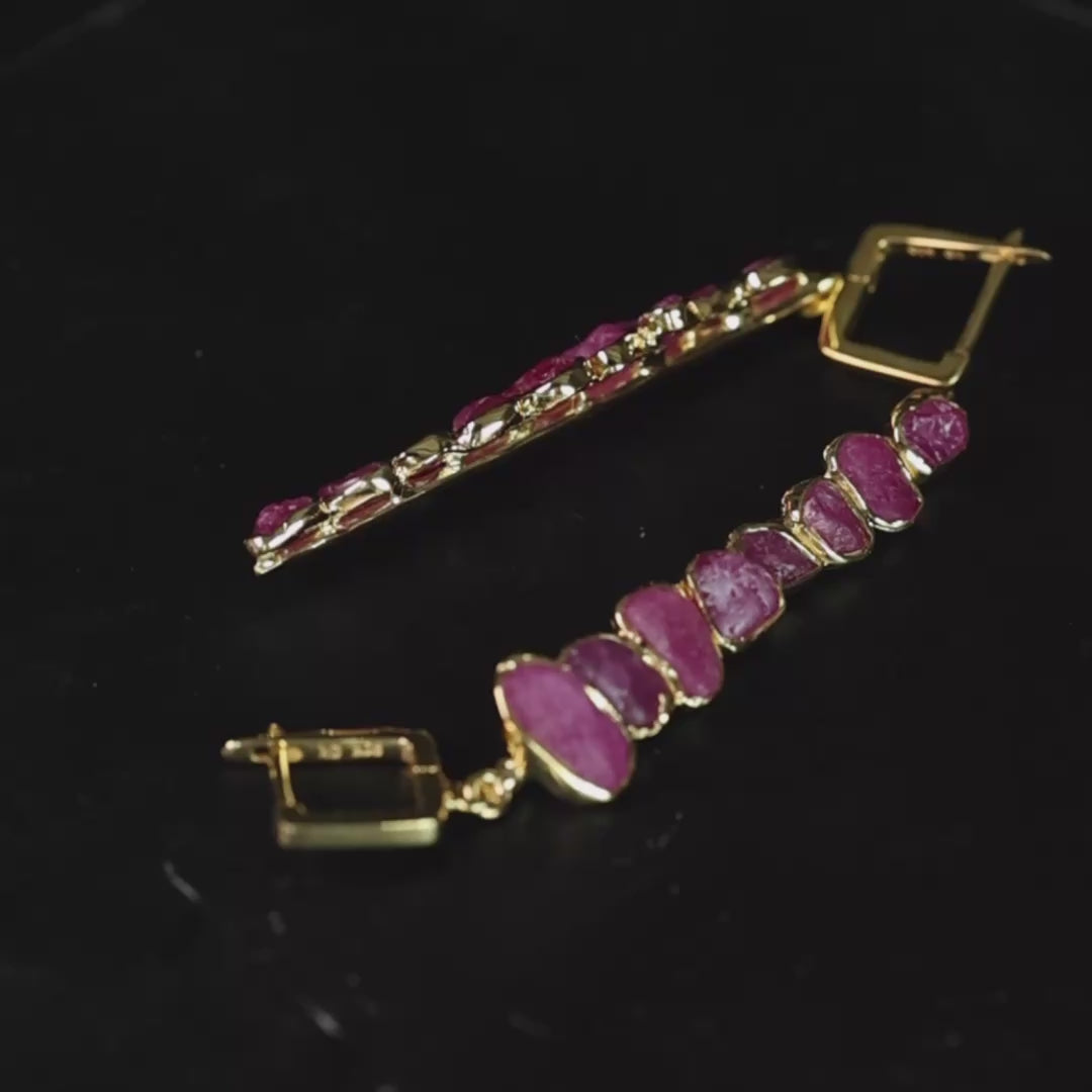 Thera Handcrafted Dangle Earrings with Raw Ruby in 14K Gold Plated Sterling Silver