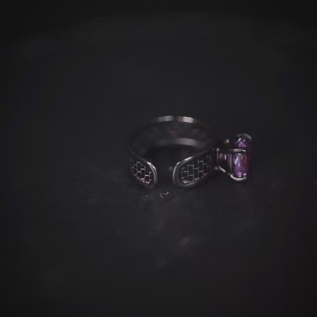Mistral Open Band Ring with Amethyst in Anthracite Plated Silver and Titanium Mesh Modern Design