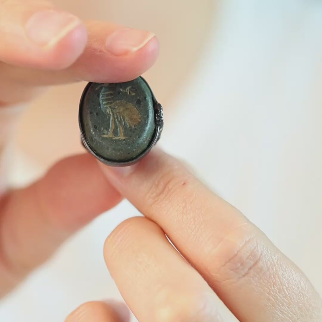 Thoth Silver Ring with Ancient Near Eastern Steatite Ibis Amulet & Natural Rough Ruby