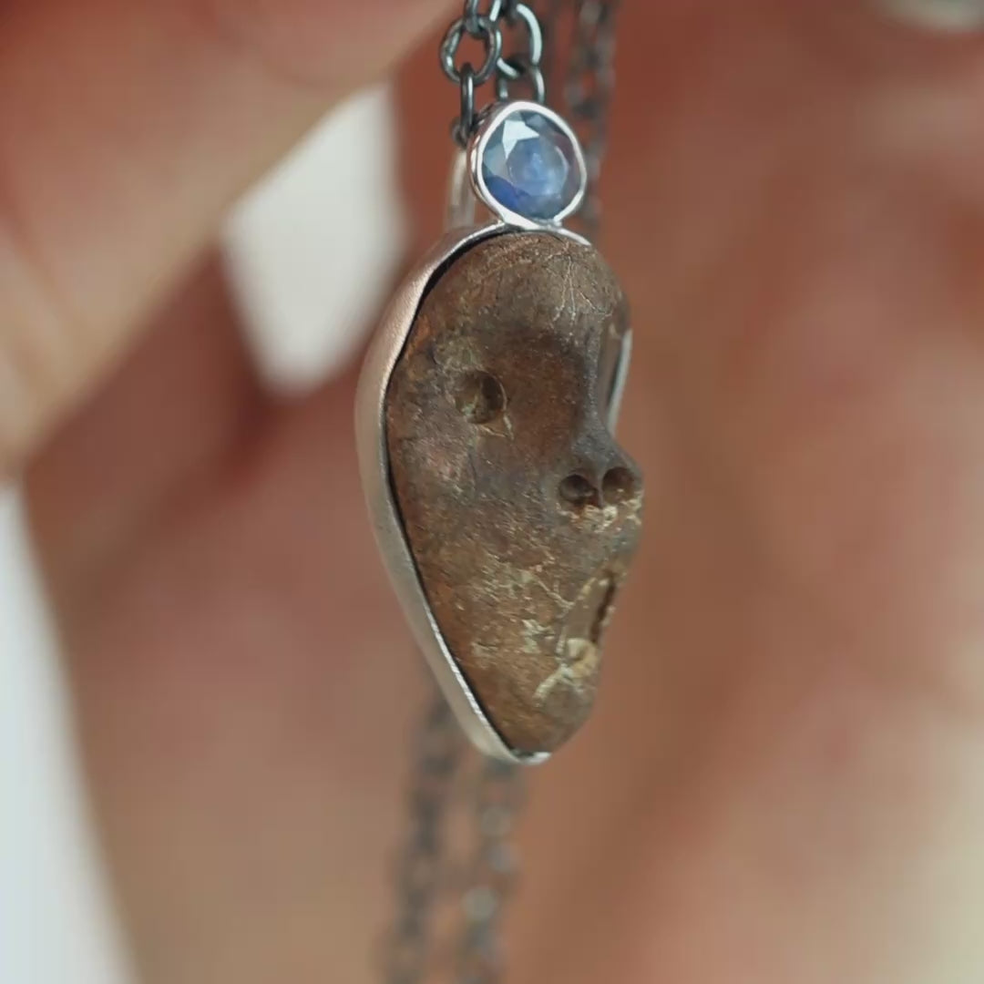 Manes Sterling Silver Pendant with Ancient Mediterranean Limestone Maskette & Natural Blue Sapphire
