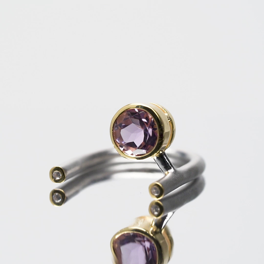 Gilda Open Band 925 Sterling Silver Ring with Round-Cut Amethyst