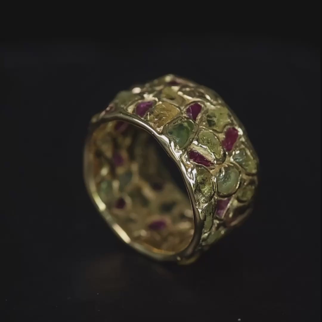 Lythara Handcrafted Barrel Ring with Raw Ruby & Yellow Sapphire in 14K Gold Plated Sterling Silver