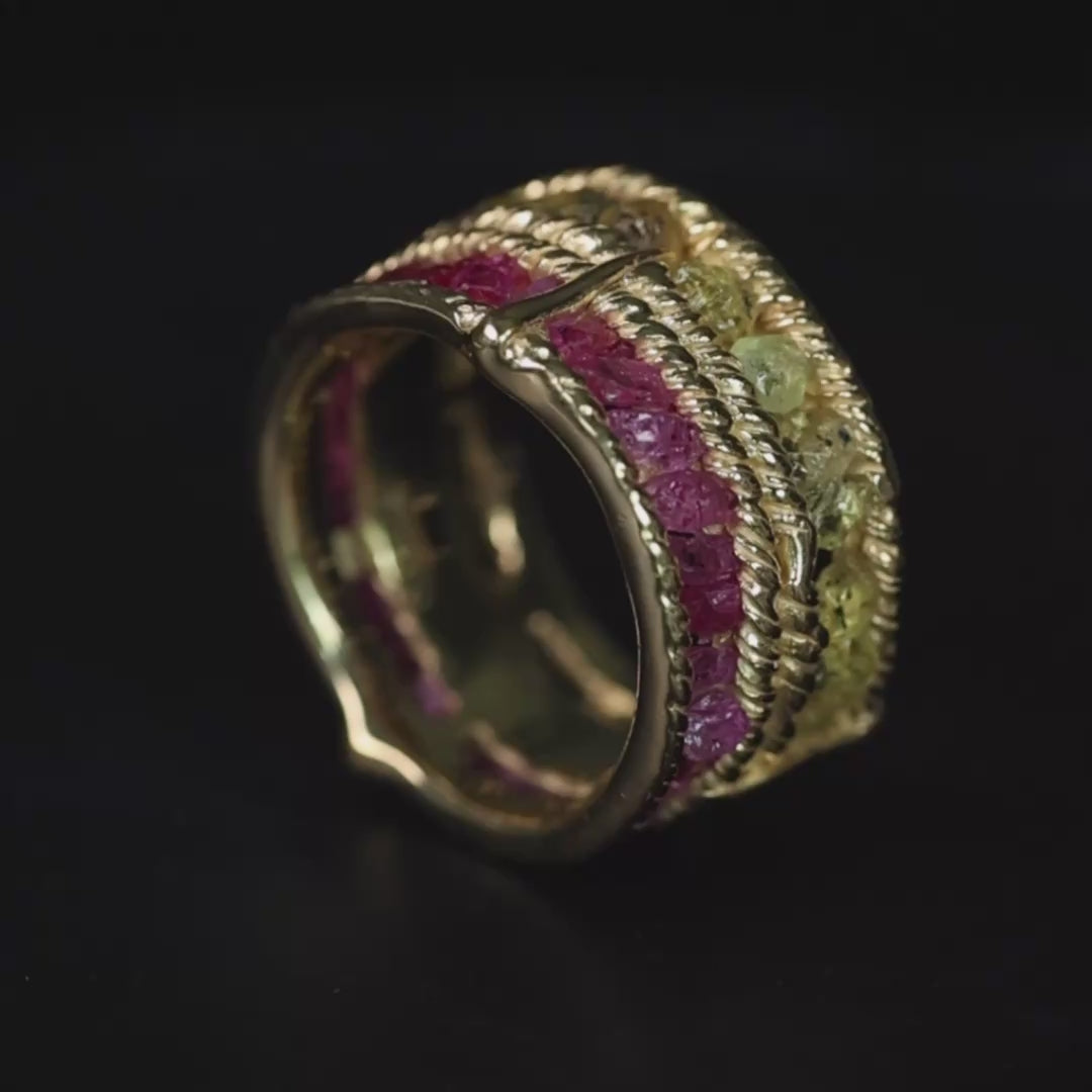 Tyra Handcrafted Barrel Ring with Raw Sapphire & Ruby in 14K Gold Plated Silver