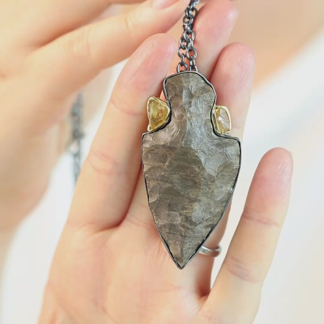 Kestrel Sterling Silver Pendant with Authentic Native American Flint Arrowhead & Raw Yellow Sapphires
