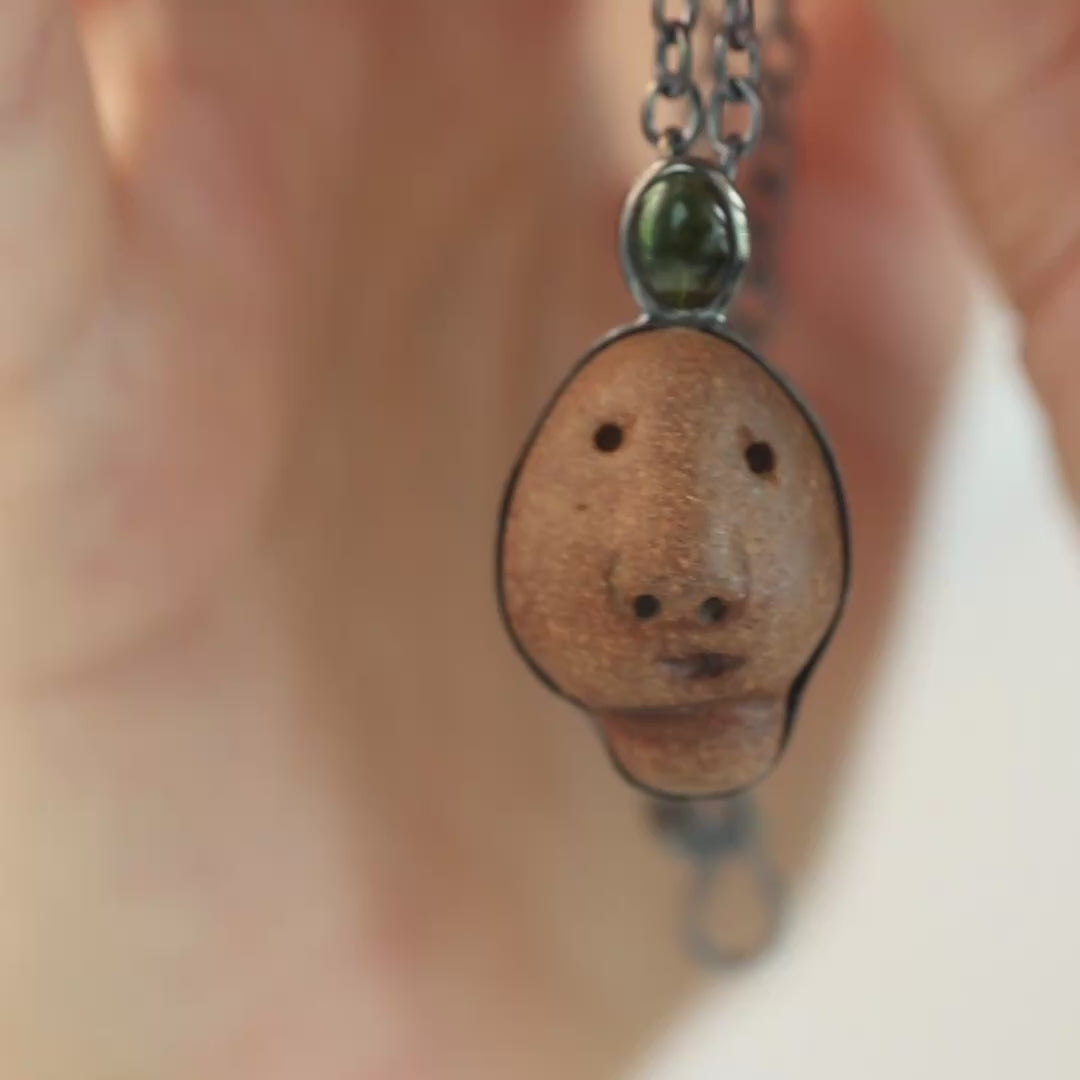 Anima Sterling Silver Pendant with Ancient Mediterranean Limestone Maskette & Green Tourmaline