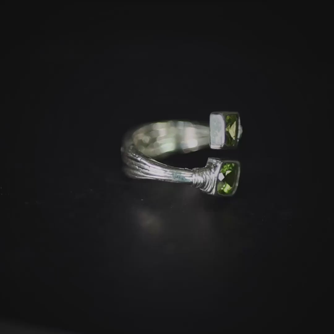 Neith Open Band Ring in Oxidized Silver with Cushion Cut Natural Peridots and Textured Minimalist Design