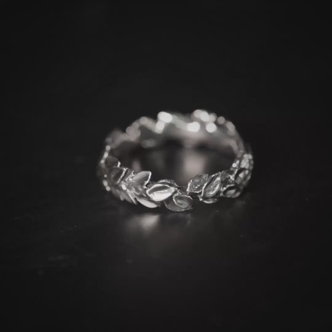 Myrrh Unisex Oxidized Silver Thin Ring with Woven Leaf Design