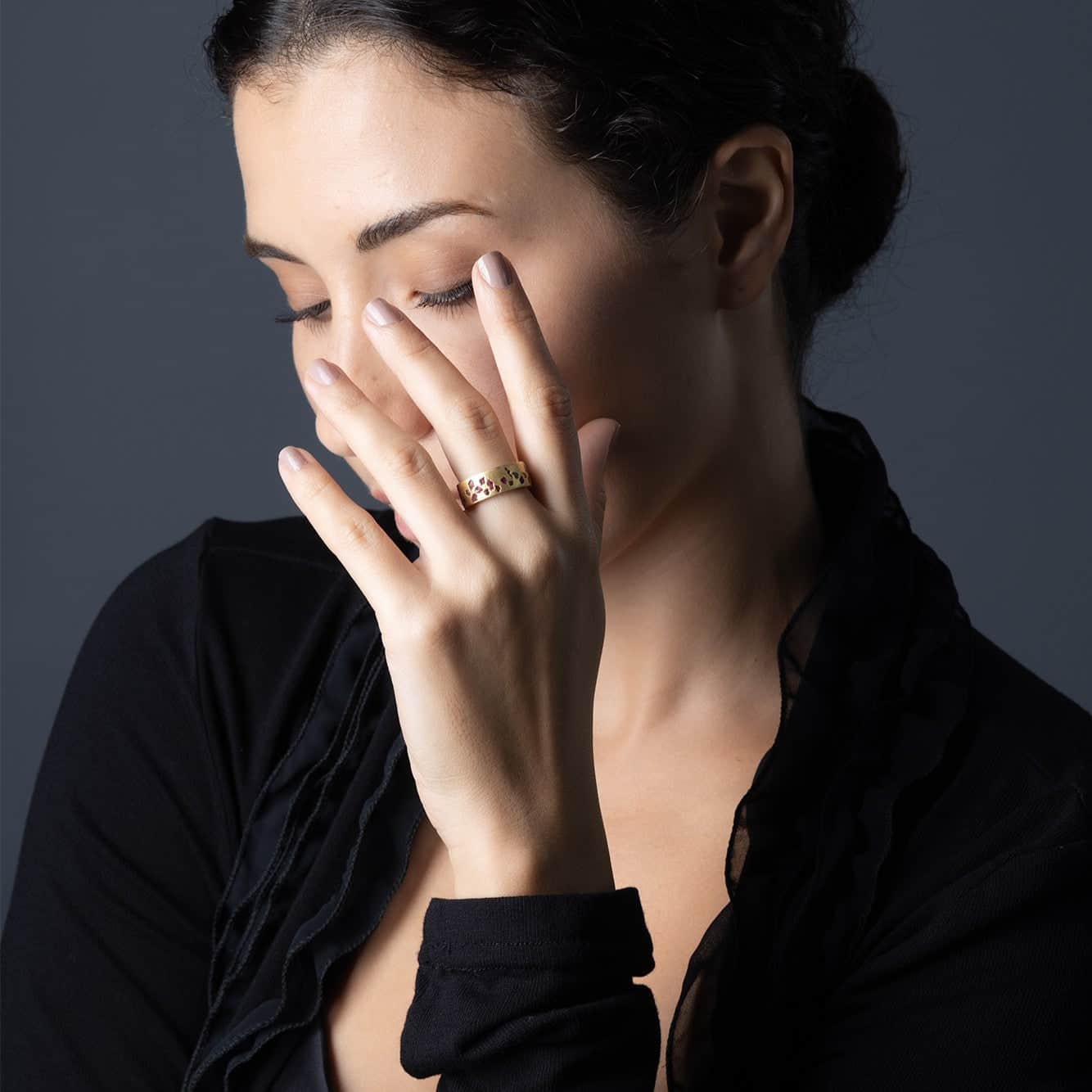 Pyra Barrel Ring with Raw Ruby Fused into the 14K Gold Plated Sterling Silver Band