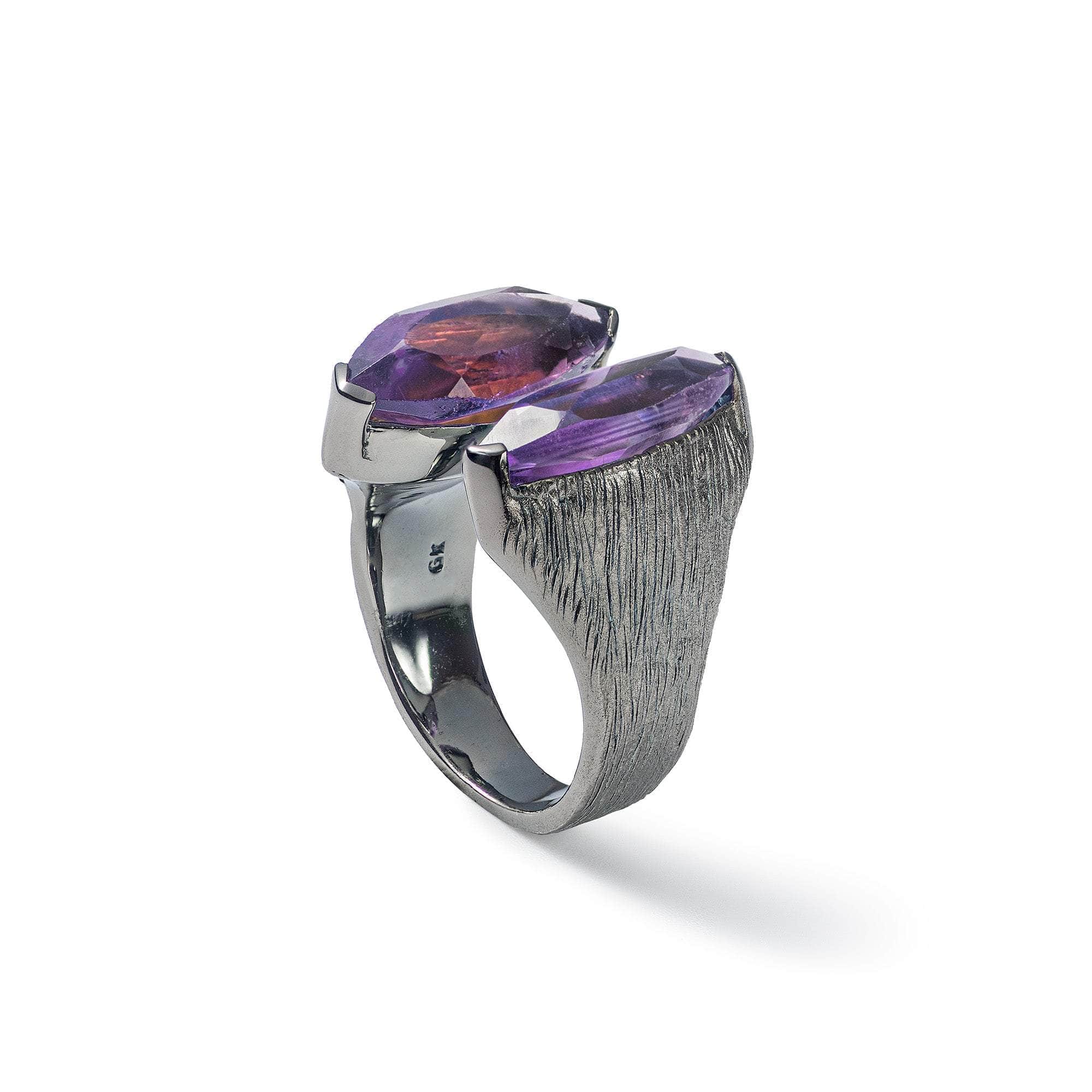 Roones Open Design Blackened 925 Silver Ring with Princess-cut Amethyst