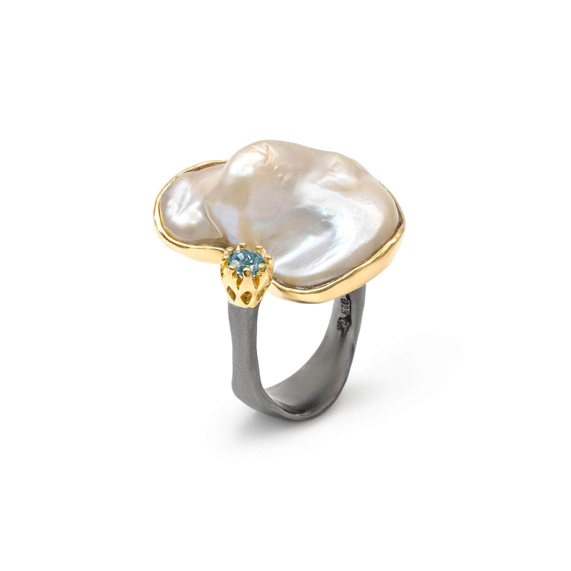 Sauber Baroque Pearl and Swiss Blue Topaz Ring (Black Rhodium, Gold 18K) GERMAN KABIRSKI