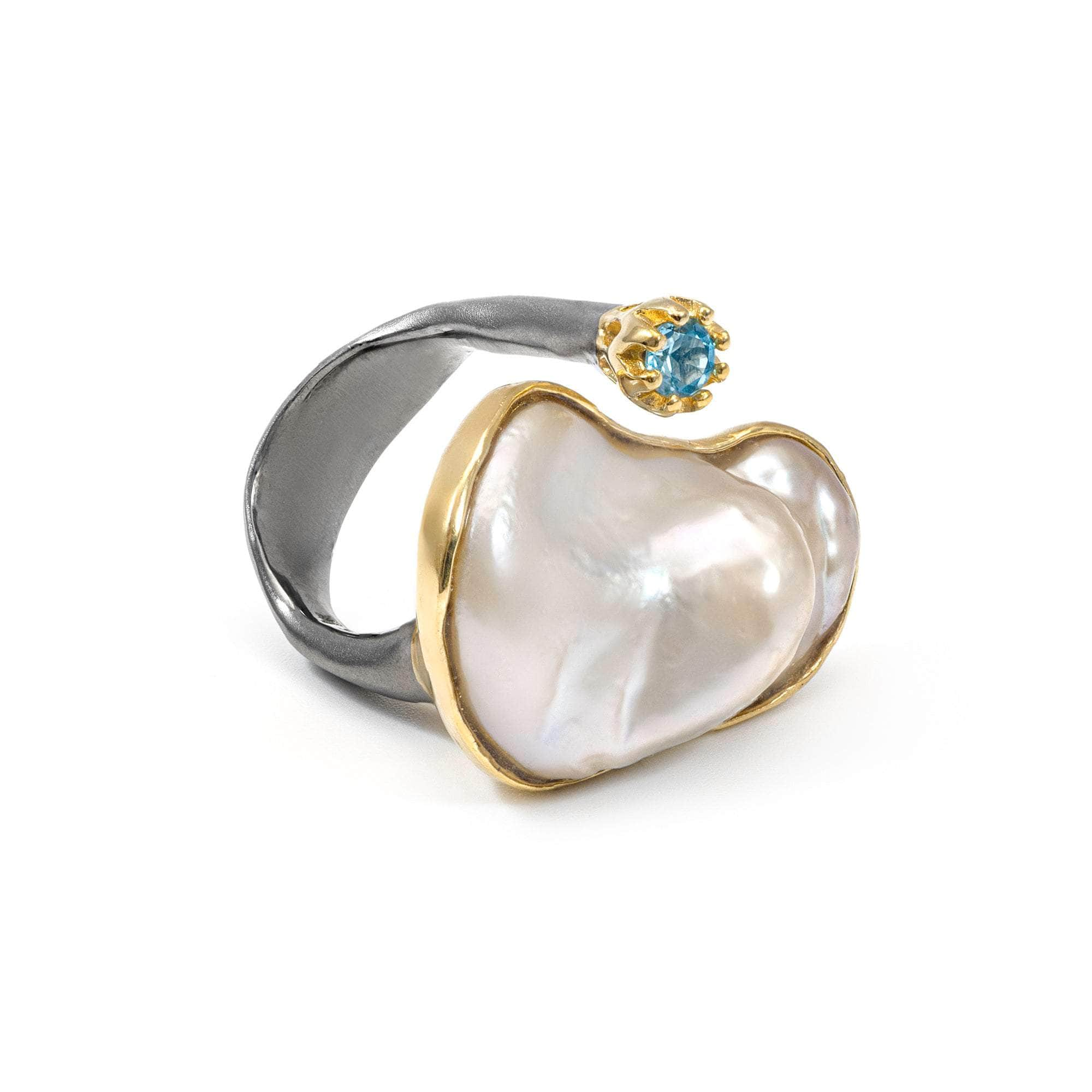 Sauber Baroque Pearl and Swiss Blue Topaz Ring (Black Rhodium, Gold 18K) GERMAN KABIRSKI