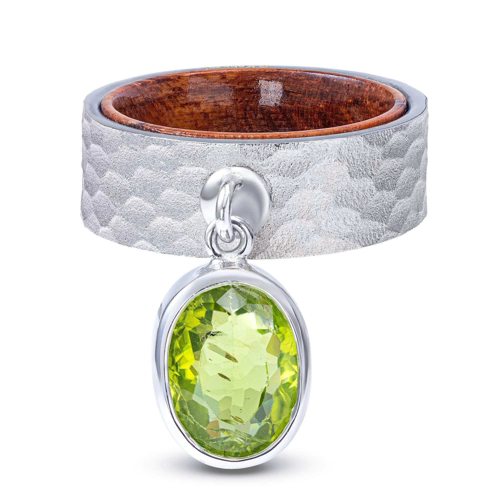 Selkie Textured Silver & Rosewood Ring with Suspended Oval Peridot