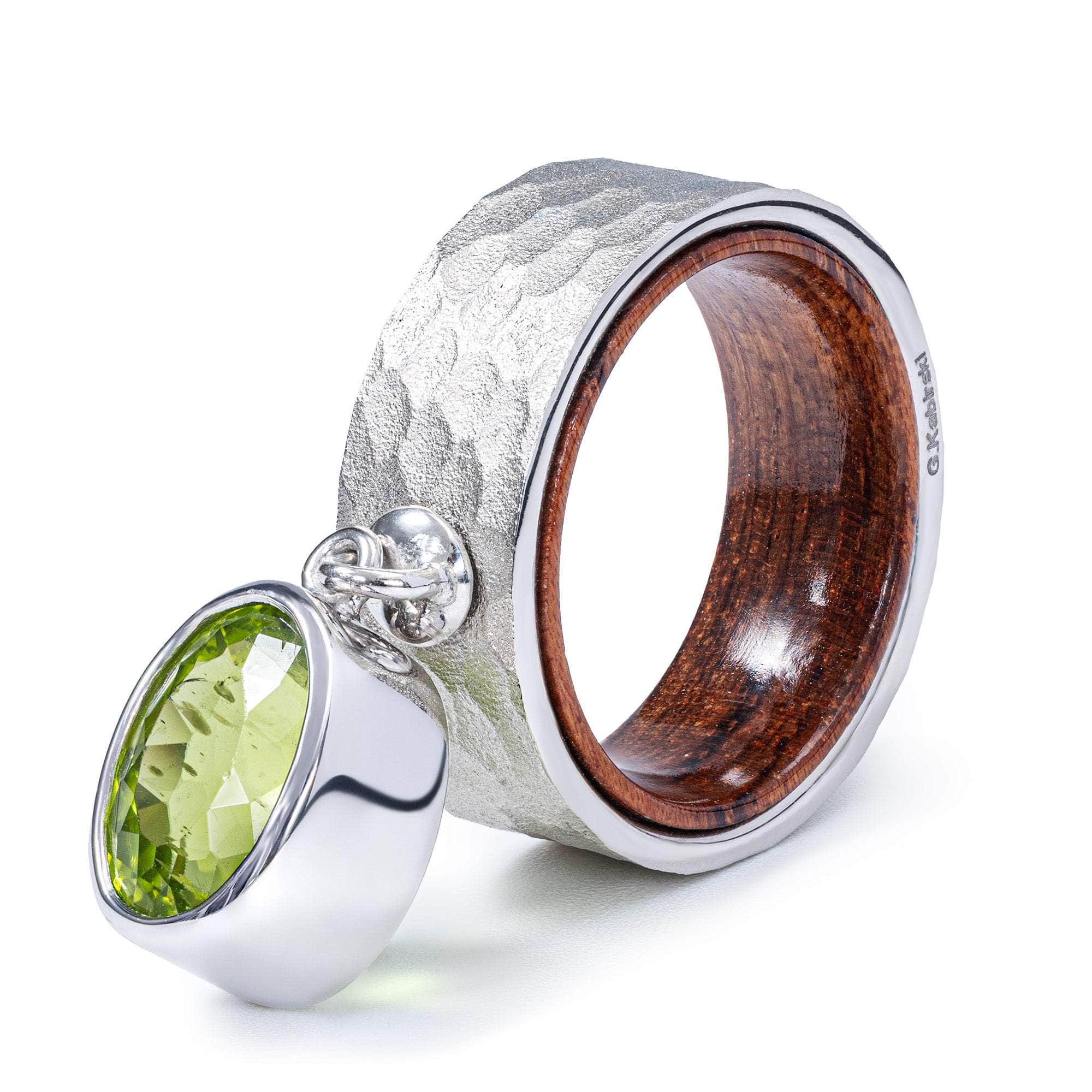 Selkie Textured Silver & Rosewood Ring with Suspended Oval Peridot