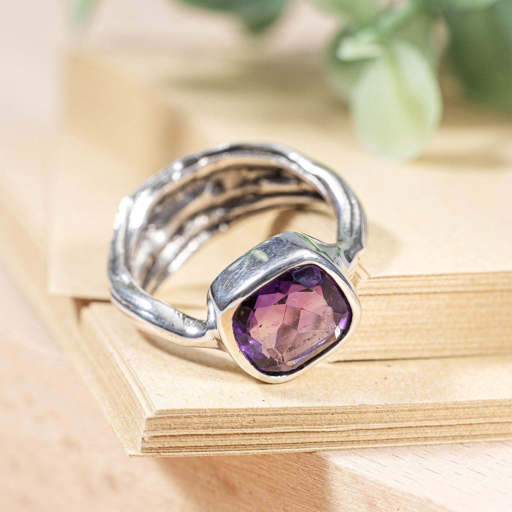 Seren Textured Ring in Oxidized Sterling Silver with Textured Surface and Natural Amethyst Cushion Cut