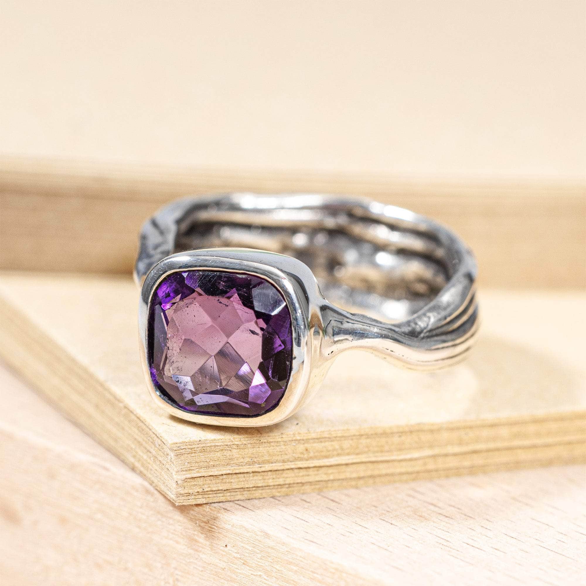 Seren Textured Ring in Oxidized Sterling Silver with Textured Surface and Natural Amethyst Cushion Cut