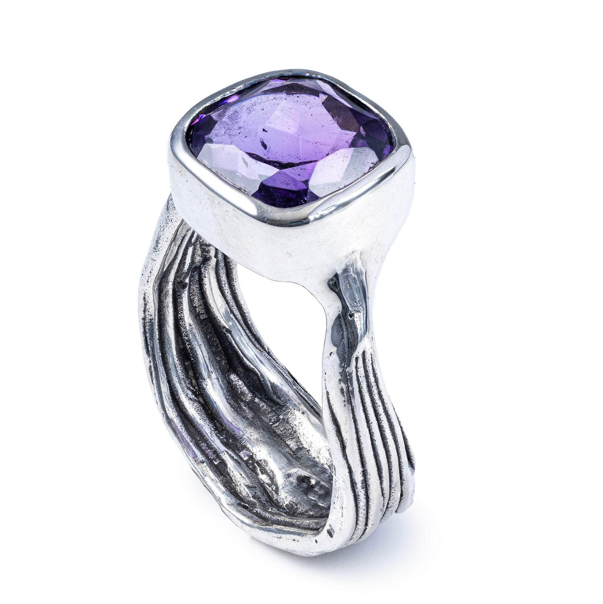 Seren Textured Ring in Oxidized Sterling Silver with Textured Surface and Natural Amethyst Cushion Cut