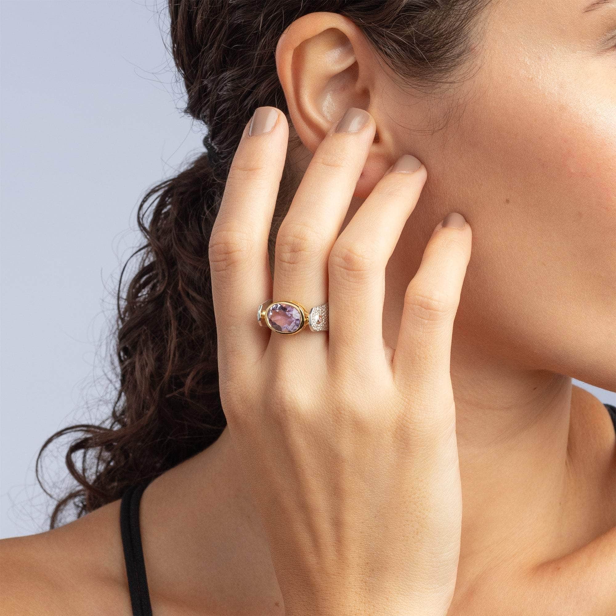 Shadrafa Iconic Design Amethyst Silver Ring in White Rhodium and 18K Gold
