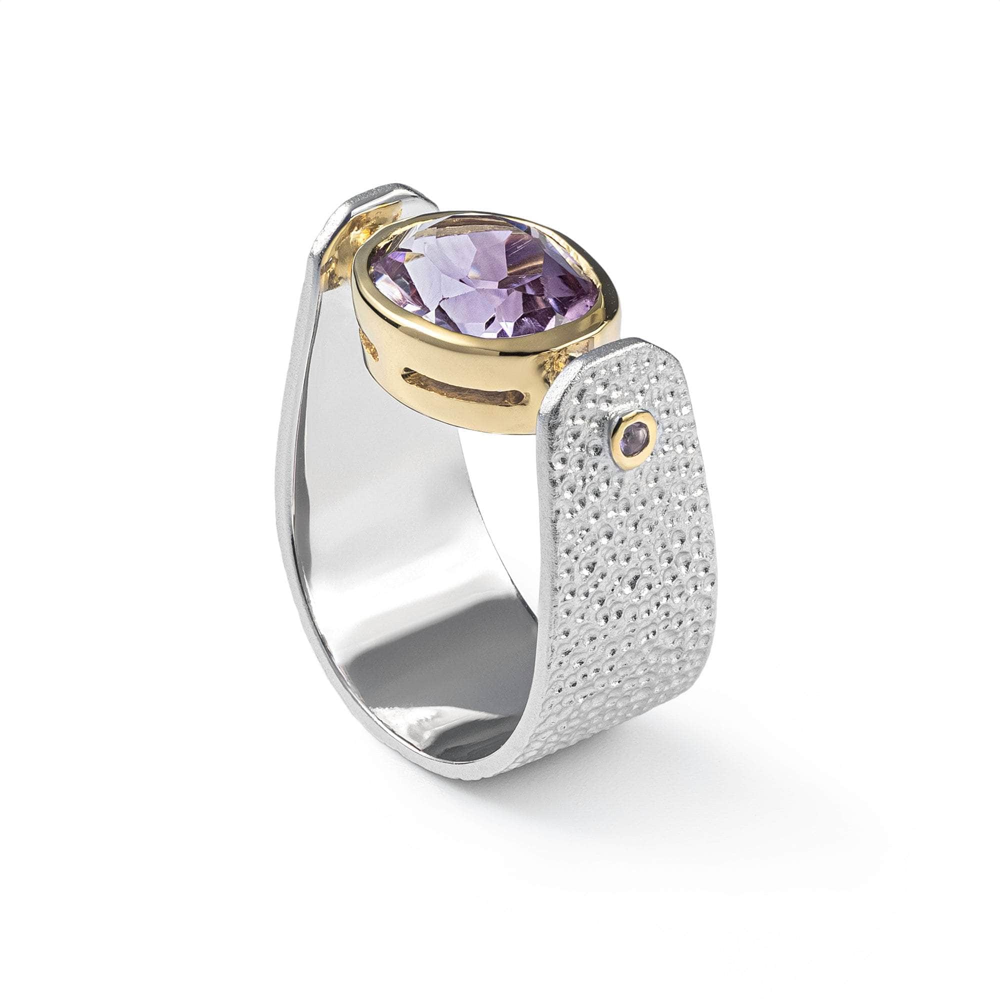 Shadrafa Iconic Design Amethyst Silver Ring in White Rhodium and 18K Gold
