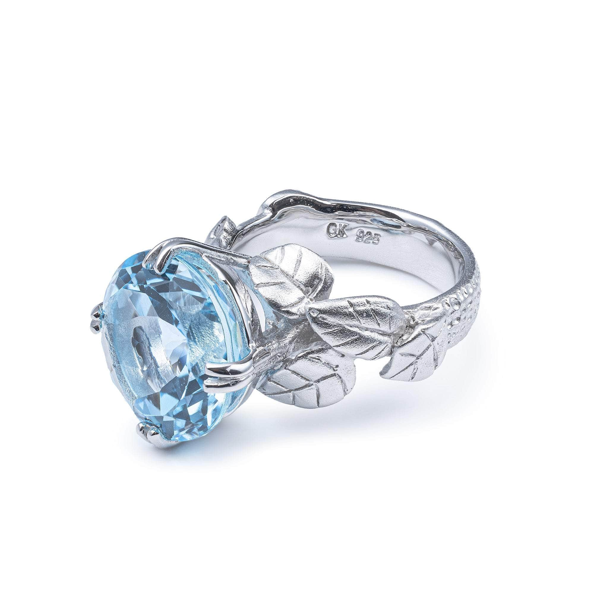 Sobek Leaf Motif 925 Silver Ring with Natural Round-Cut Blue Topaz