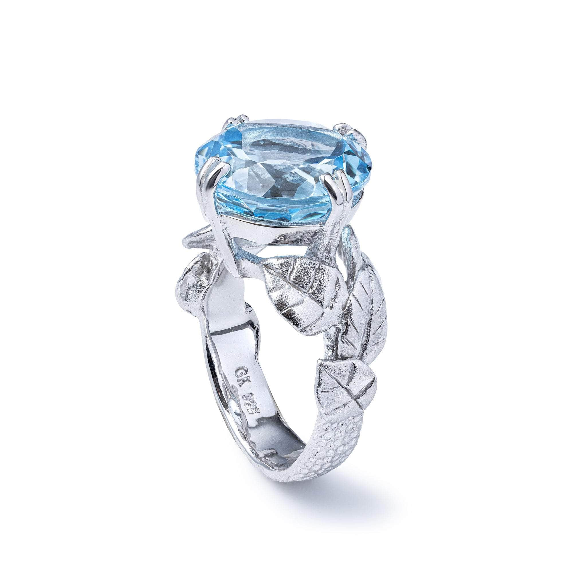 Sobek Leaf Motif 925 Silver Ring with Natural Round-Cut Blue Topaz