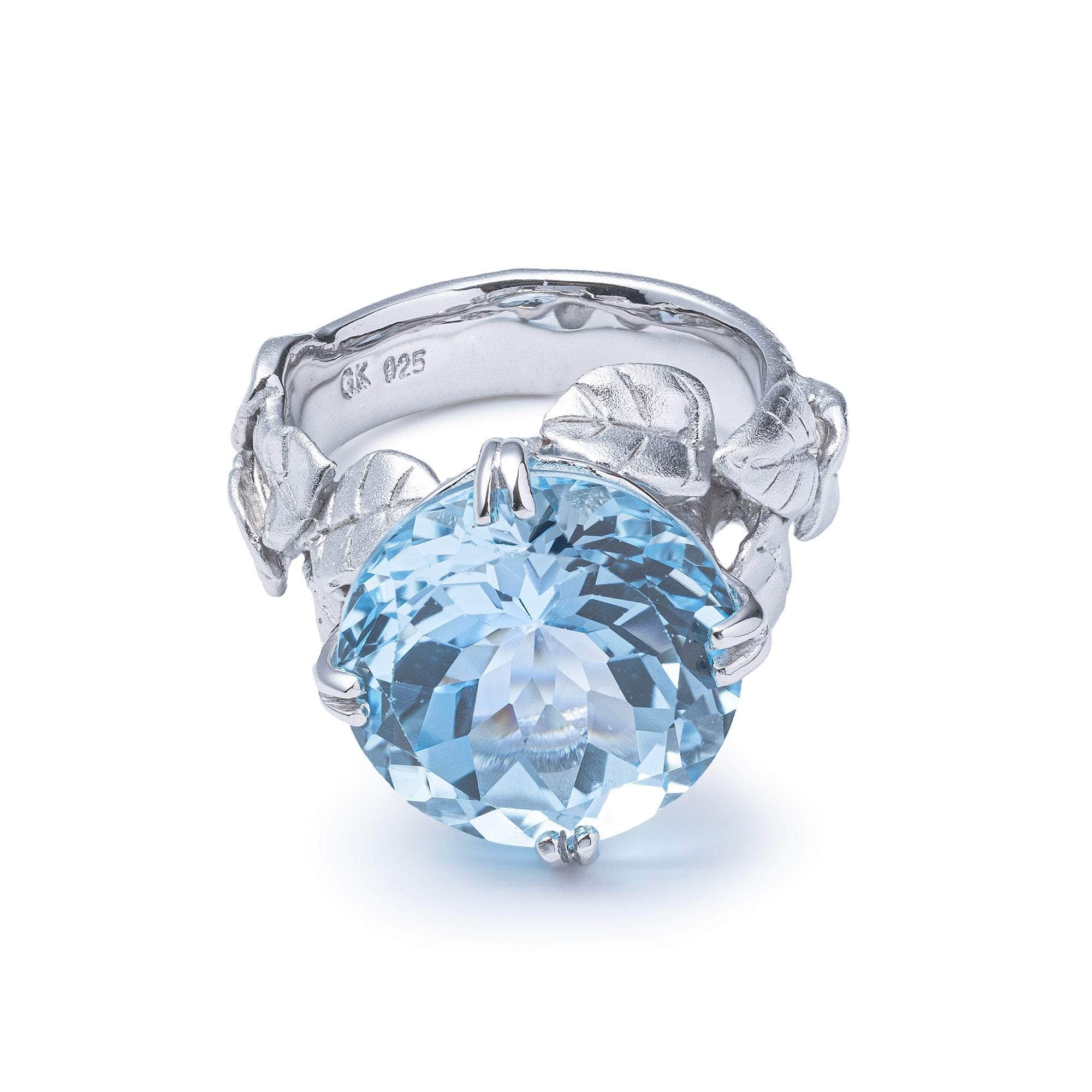 Sobek Leaf Motif 925 Silver Ring with Natural Round-Cut Blue Topaz