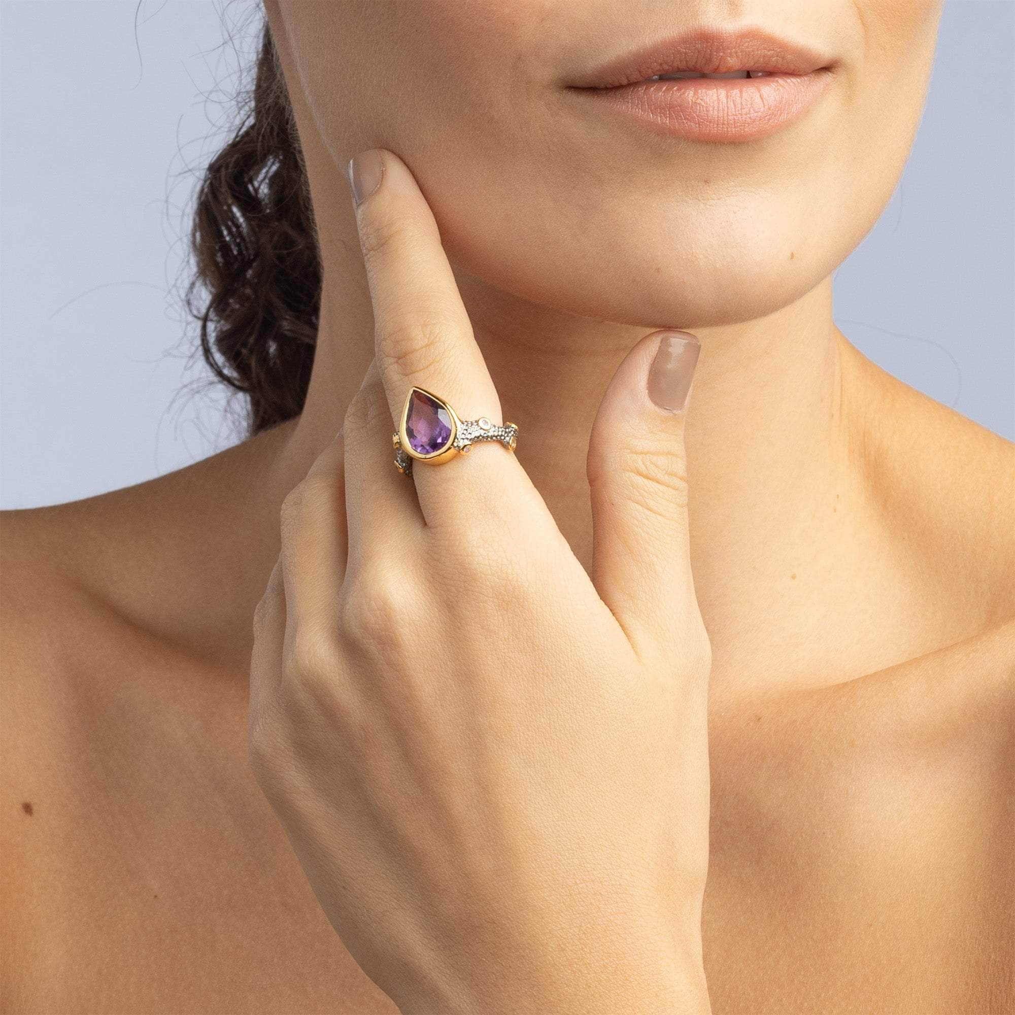 Soma Organic Design Natural Amethyst Designer Ring in 925 Silver (Black Rhodium & Gold-Plated)