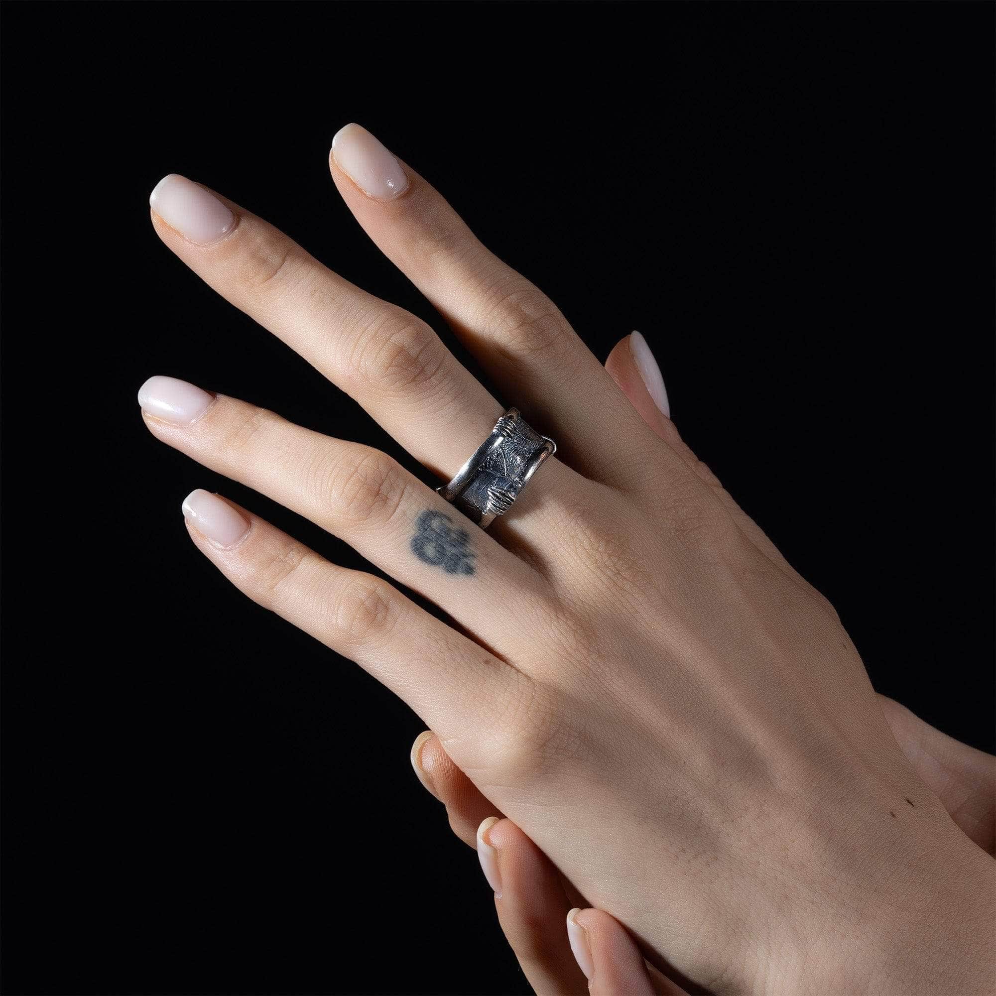 Strand Oxidized Sterling Silver Ring with Handcrafted Stitched Texture