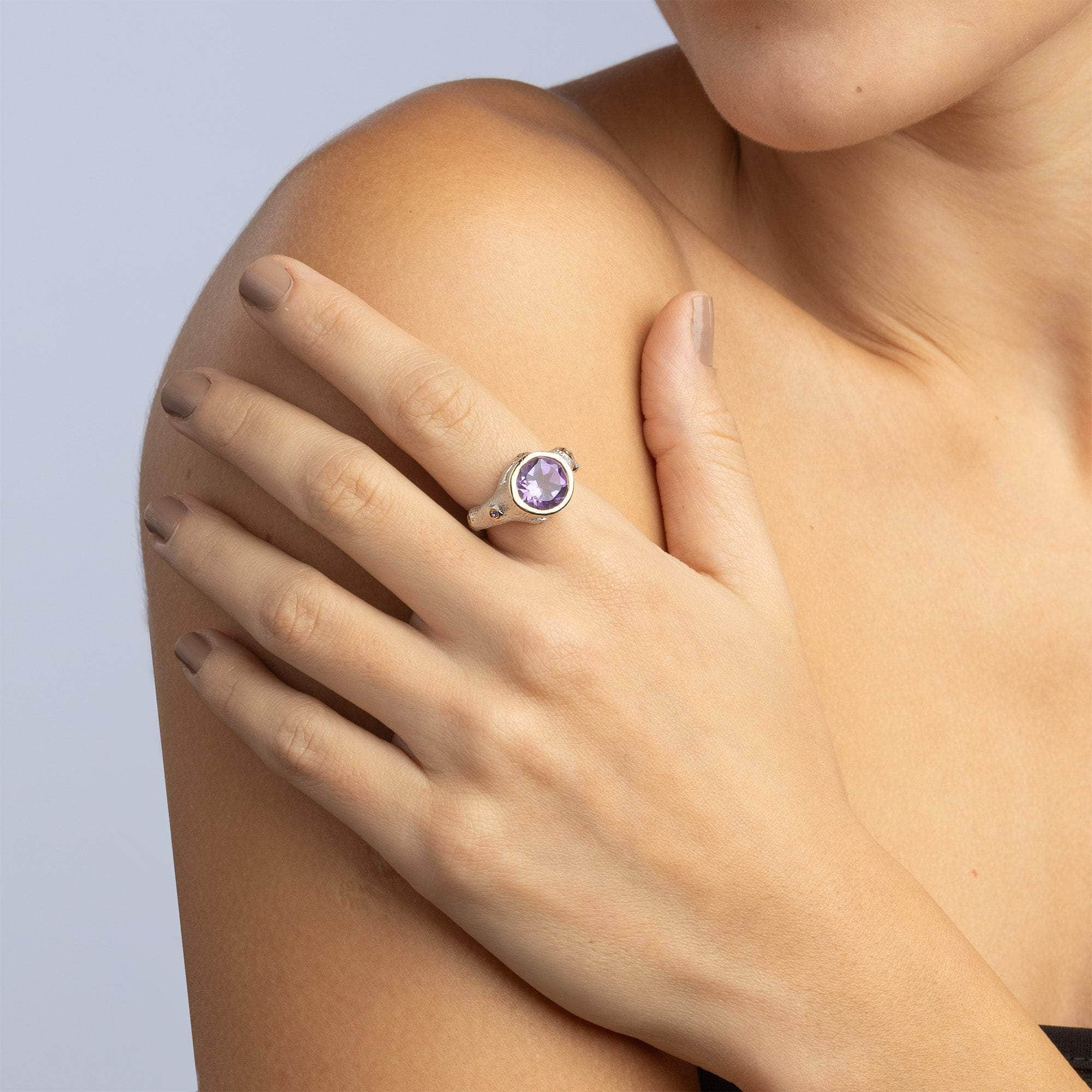 Tano White Rhodium and 18K Gold-Plated Silver Ring with  Natural Oval-cut Amethyst