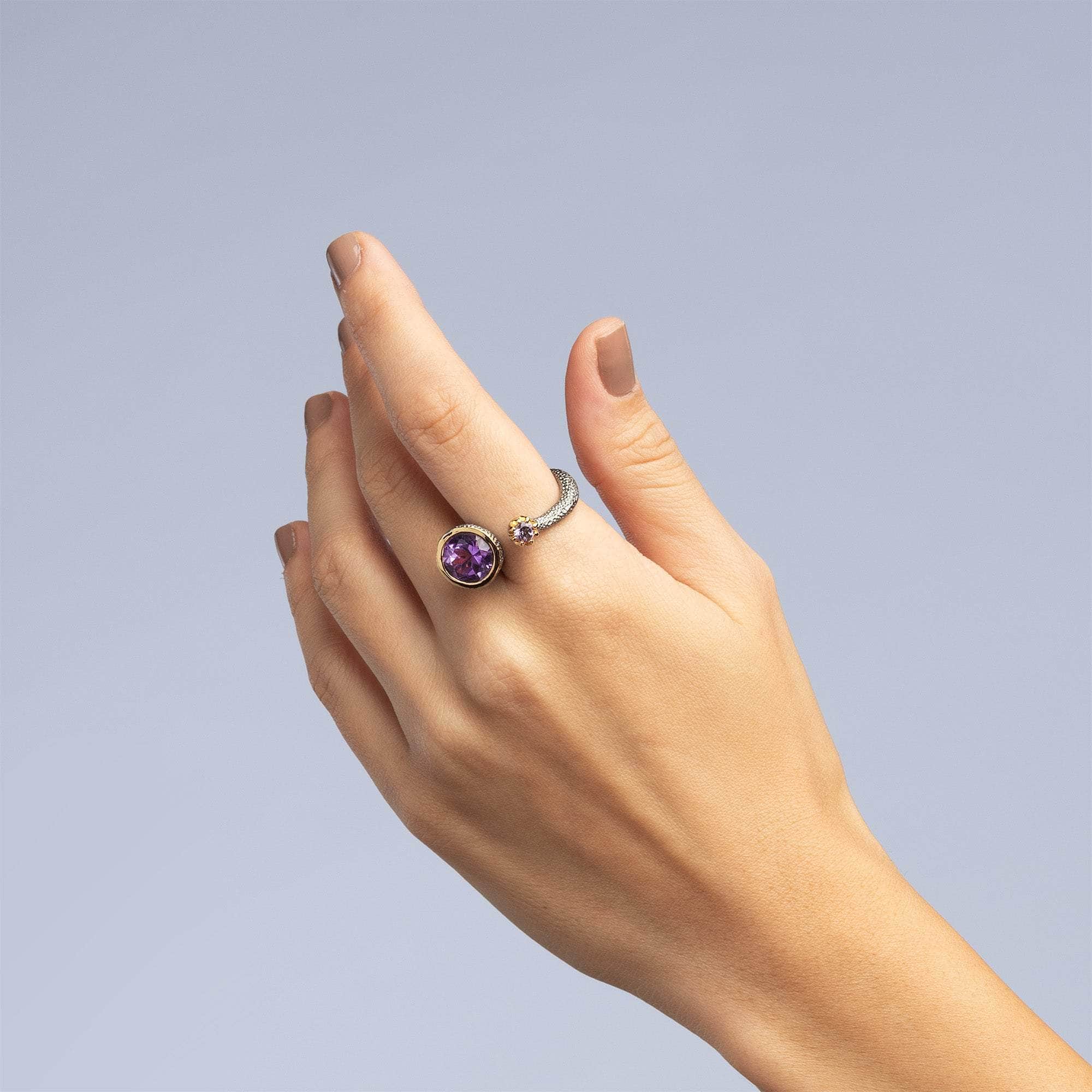 Tepoz Open Band Designer Silver Ring with Two Natural Round-Cut Amethyst Gems
