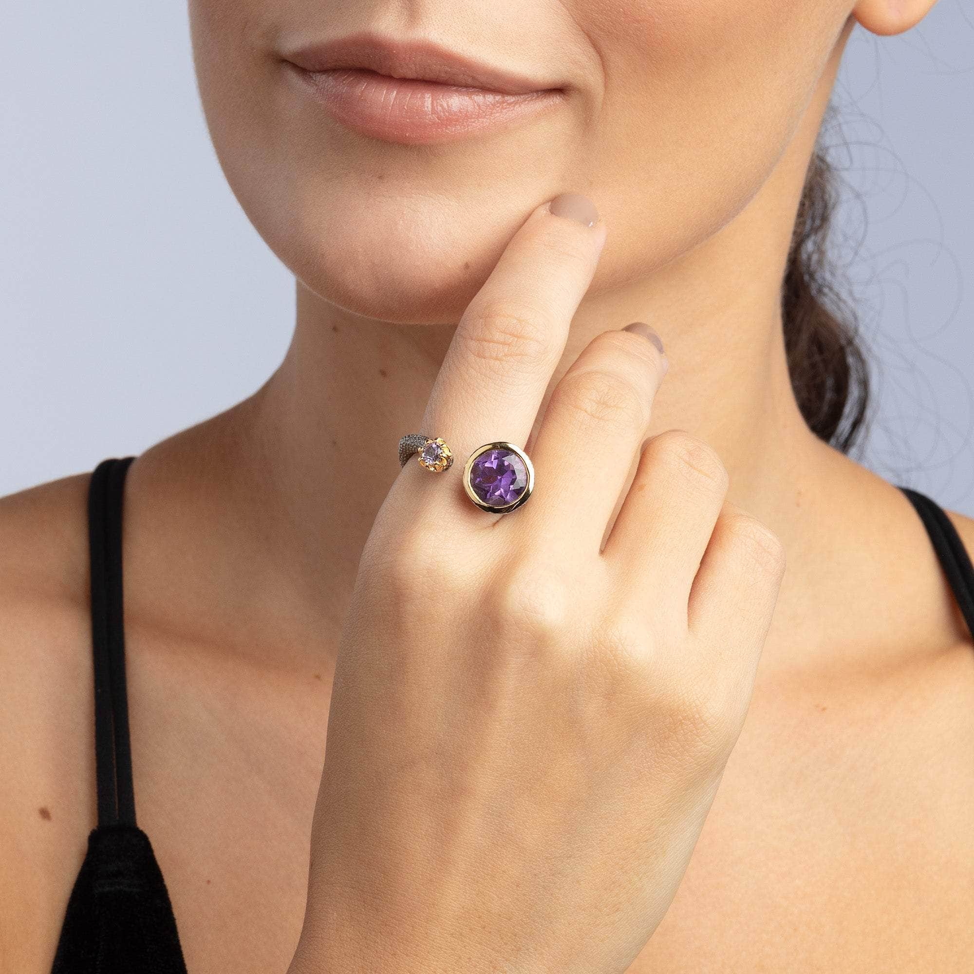 Tepoz Open Band Designer Silver Ring with Two Natural Round-Cut Amethyst Gems