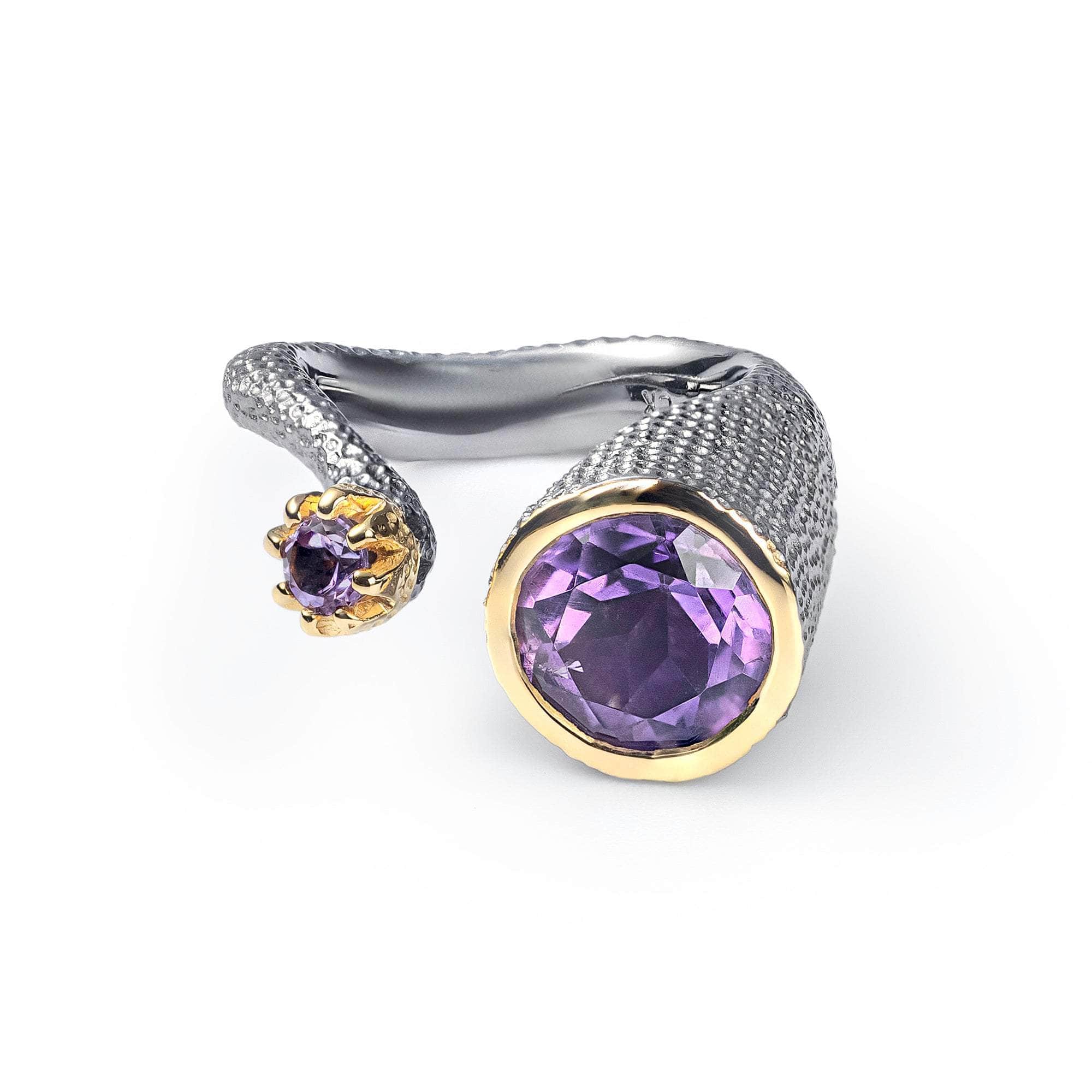 Tepoz Open Band Designer Silver Ring with Two Natural Round-Cut Amethyst Gems