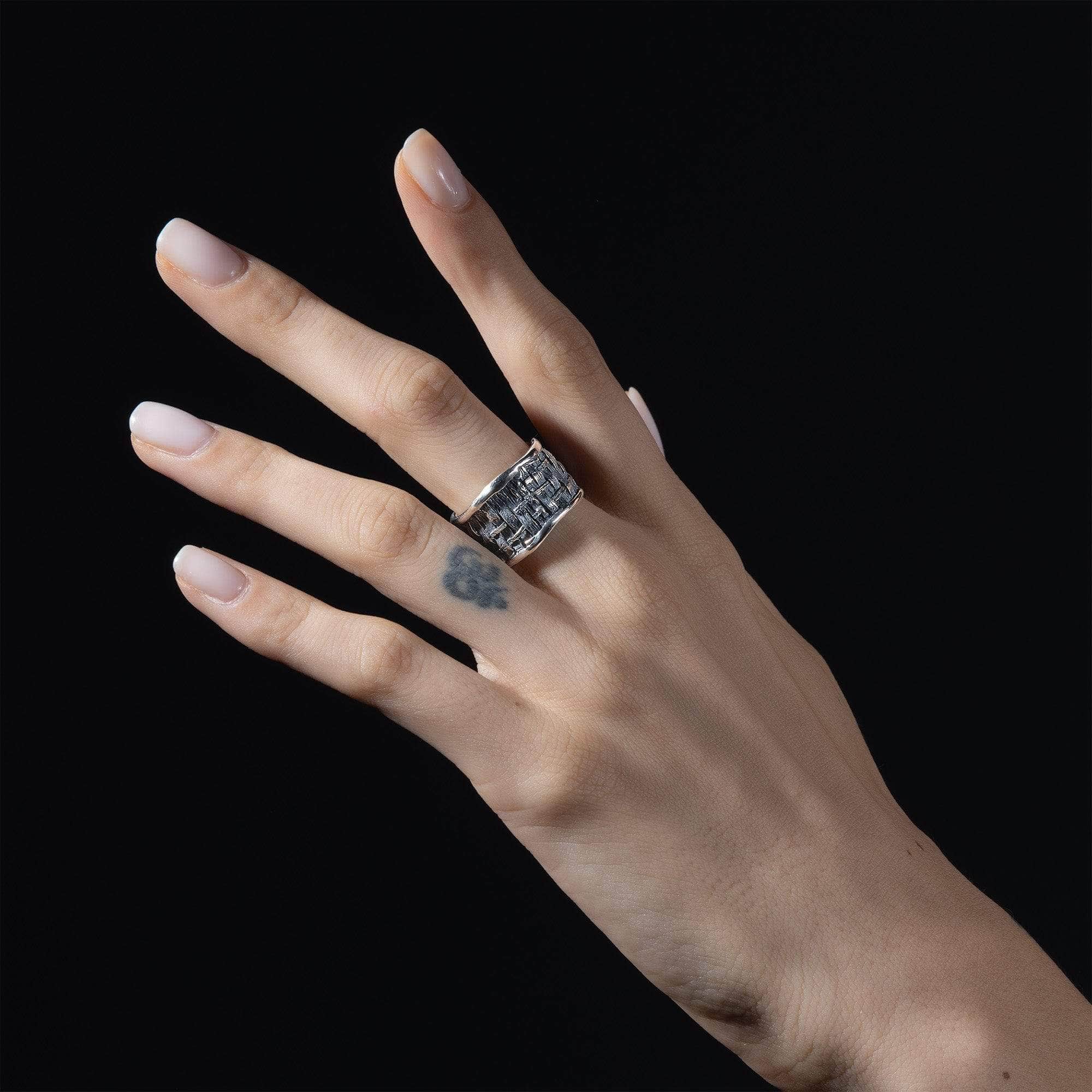 Tesserae Oxidized Sterling Silver Ring with Handcrafted Texture