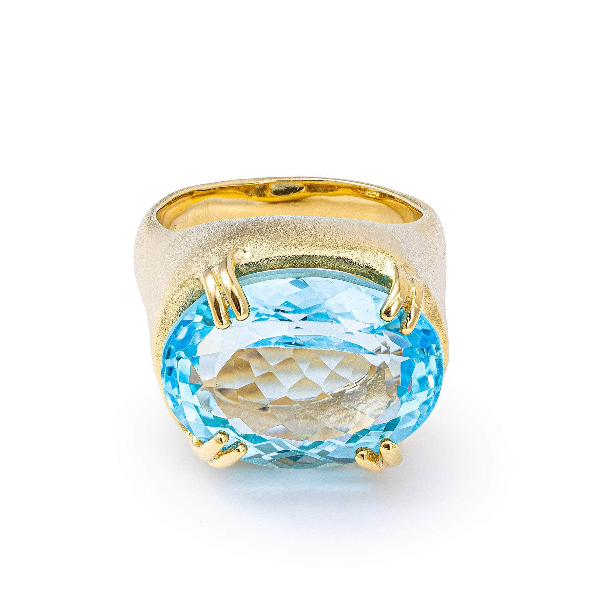 Tethys Unisex 18K Gold-plated 925 Silver Ring with Natural Oval-cut Blue Topaz