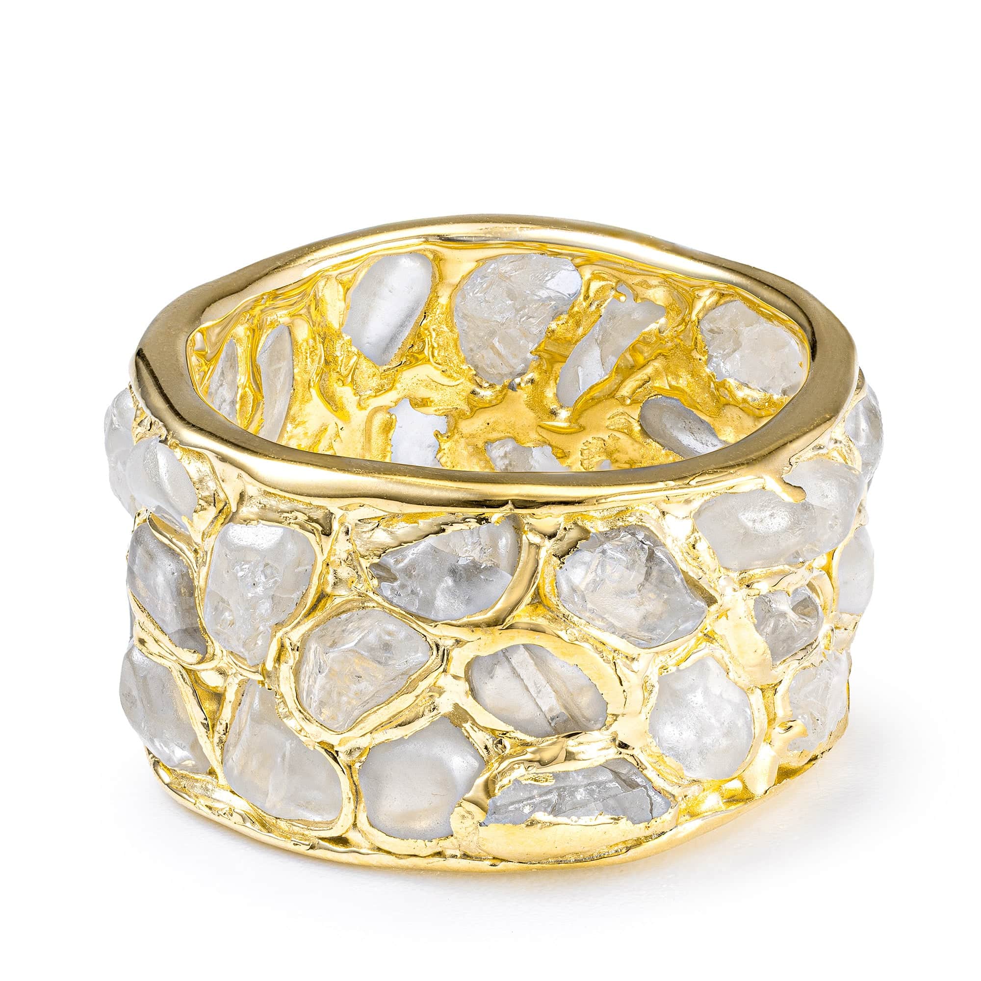 Thia Handcrafted Barrel Ring with Raw Natural White Zircon Mosaic in 14K Gold Plated Silver