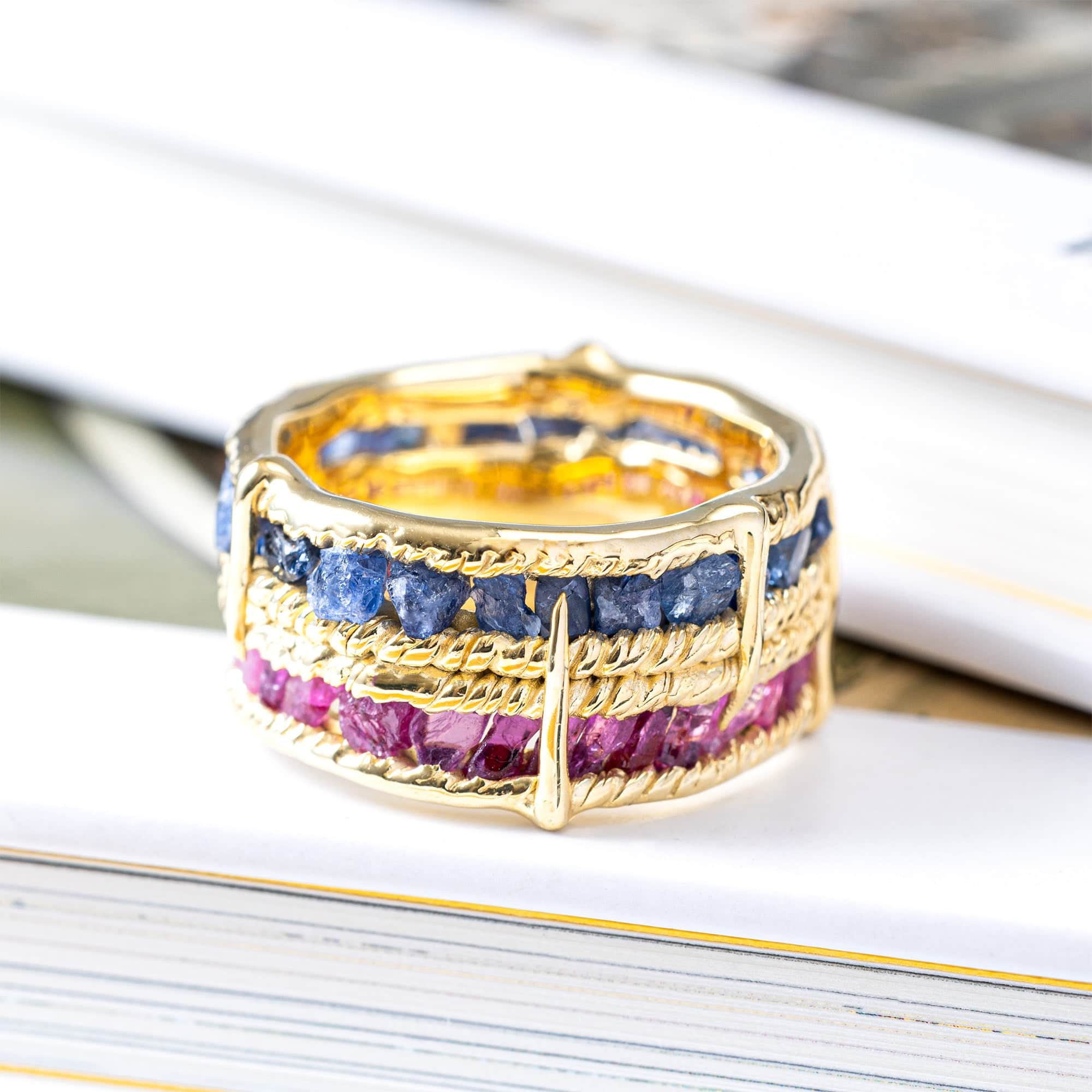 Tyra Handcrafted Barrel Ring with Raw Blue Sapphire & Ruby in 14K Gold Plated Silver