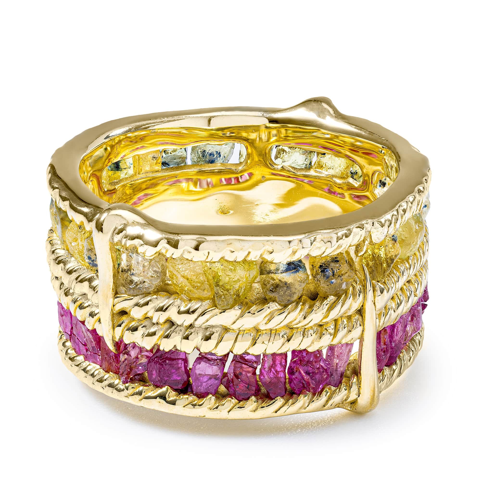 Tyra Handcrafted Barrel Ring with Raw Sapphire & Ruby in 14K Gold Plated Silver