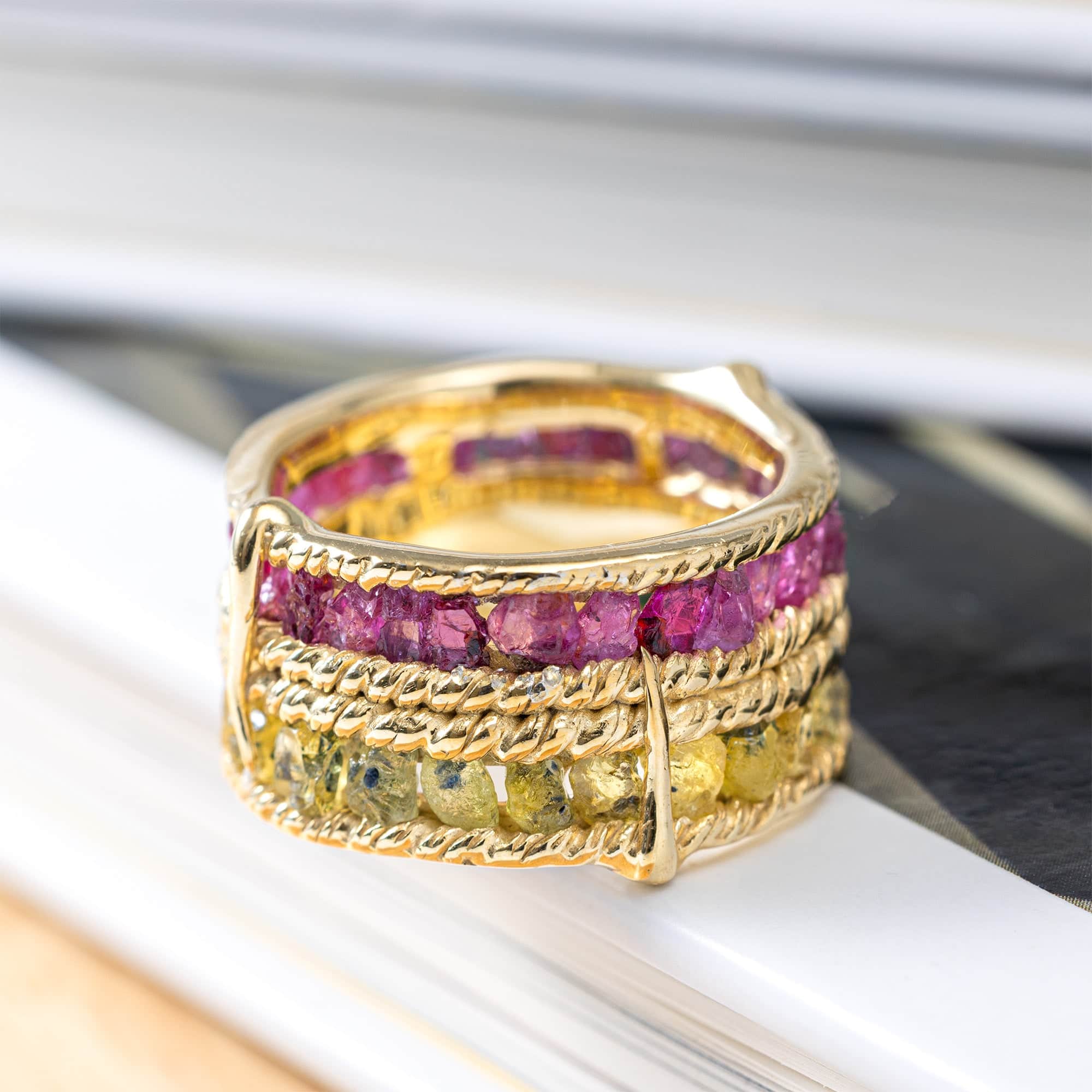 Tyra Handcrafted Barrel Ring with Raw Sapphire & Ruby in 14K Gold Plated Silver