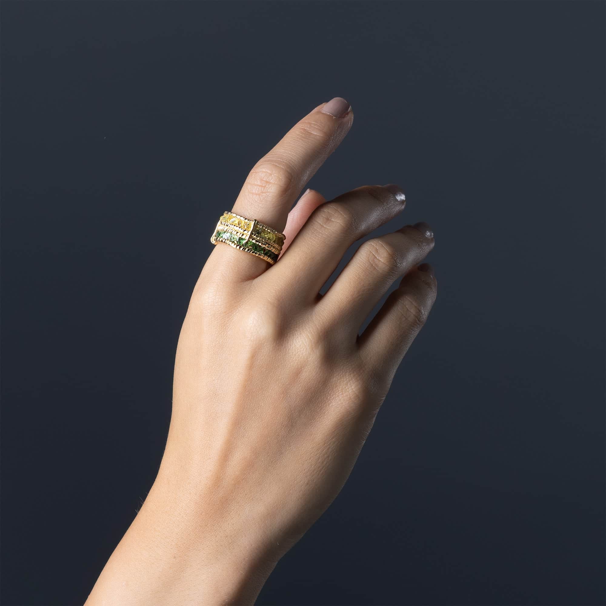 Tyra Handcrafted Barrel Ring with Raw Yellow Sapphire & Chrome Diopside in 14K Gold Plated Silver