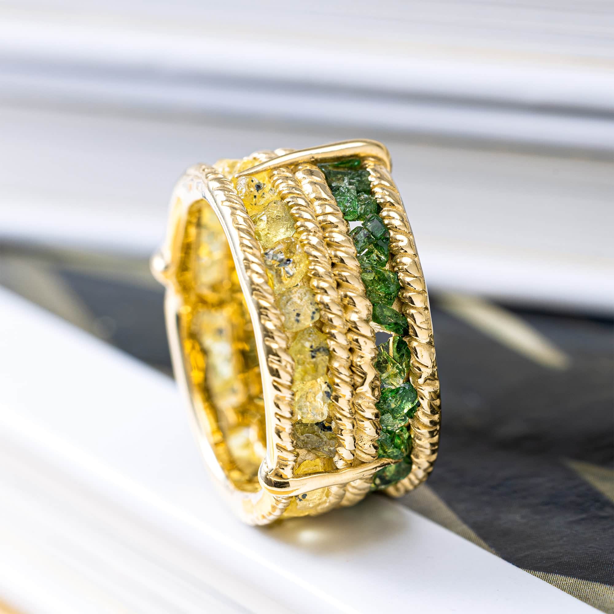 Tyra Handcrafted Barrel Ring with Raw Yellow Sapphire & Chrome Diopside in 14K Gold Plated Silver