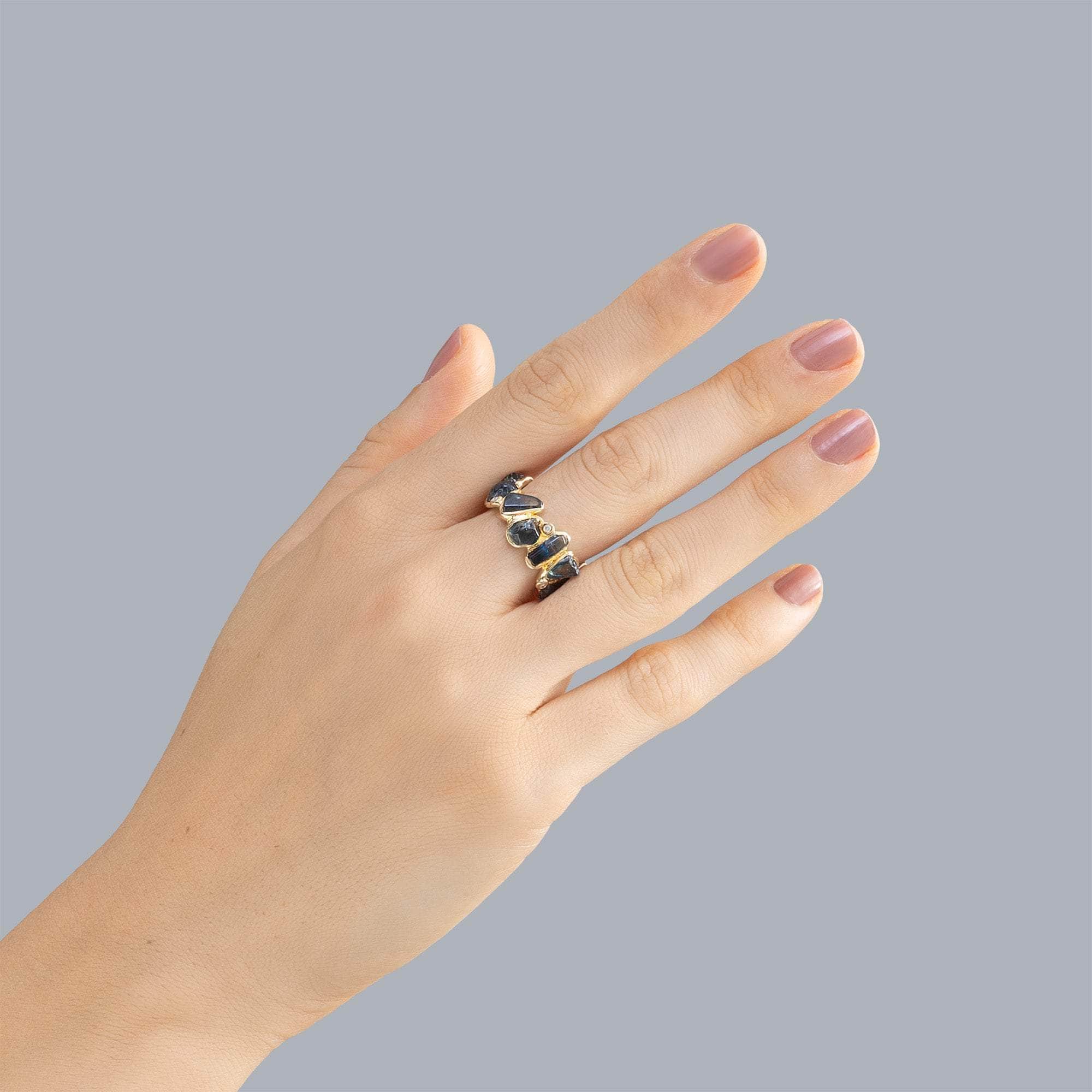 Ulane 14K Gold Ring with Rough Sapphire Touching Skin & Diamonds