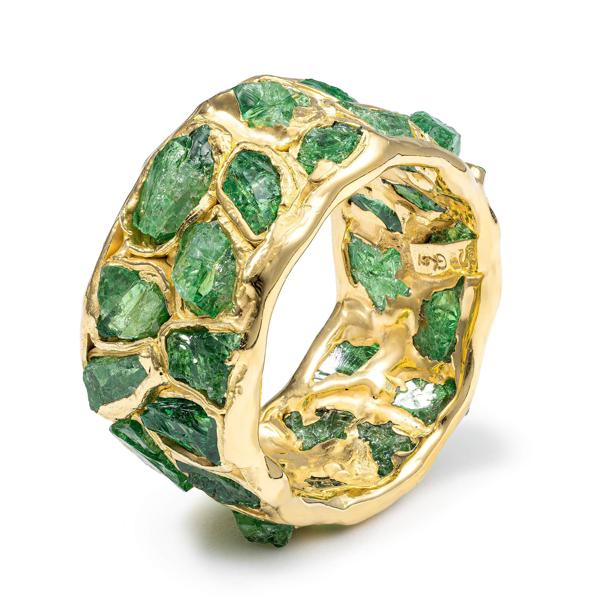 Viridi Wide Barrel Ring with Raw Green Tsavorite in Sterling Silver with 14K Gold Plating