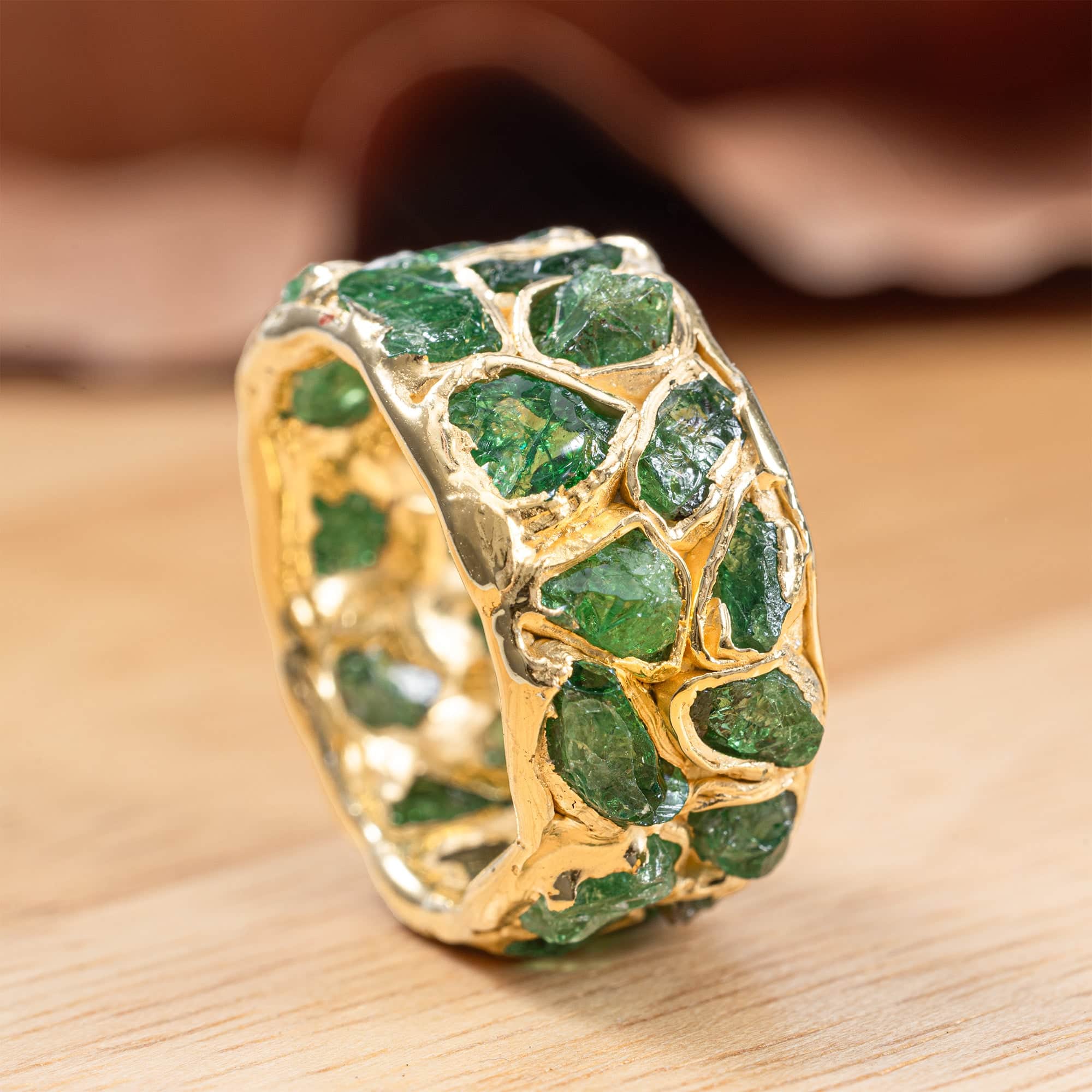 Viridi Wide Barrel Ring with Raw Green Tsavorite in Sterling Silver with 14K Gold Plating