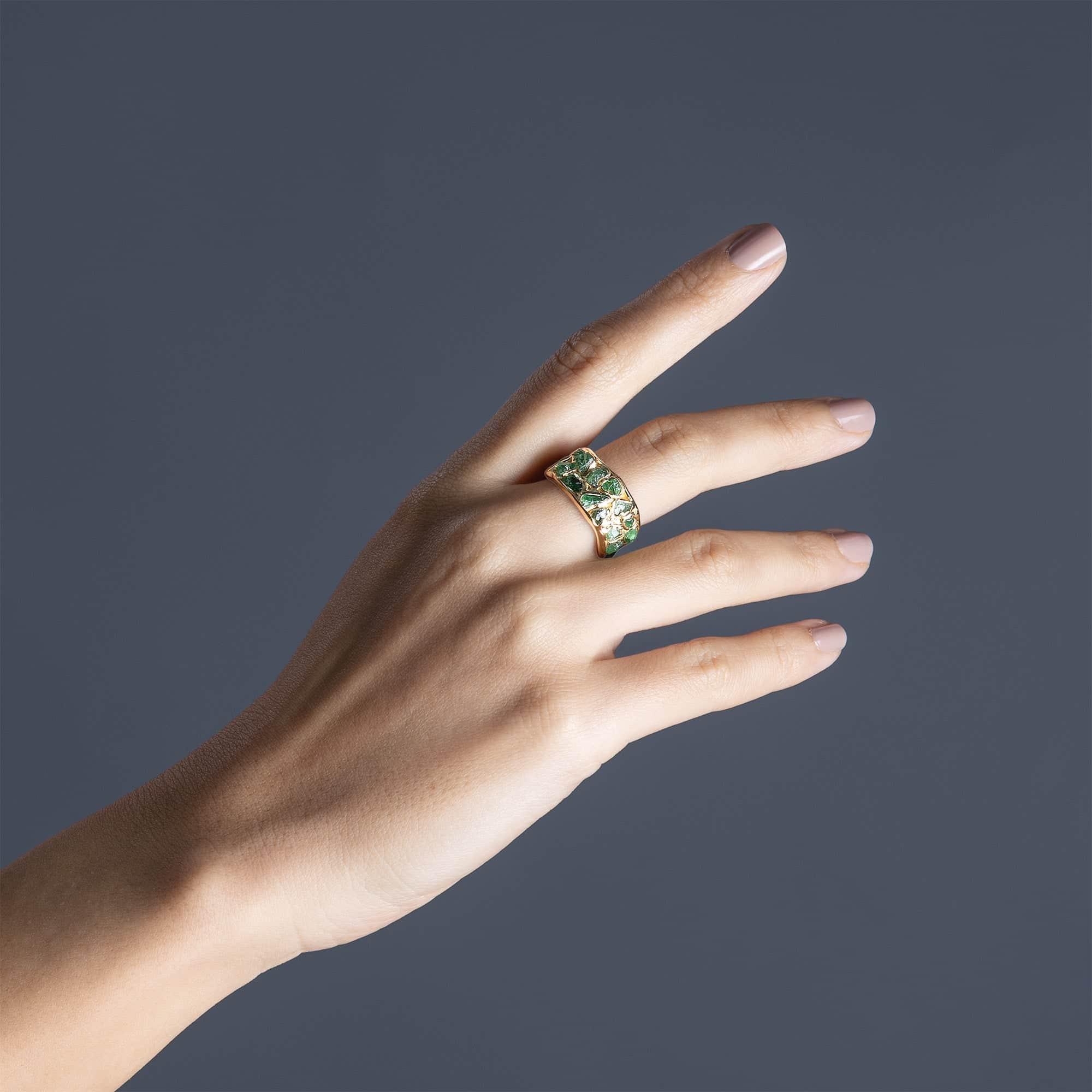 Viridi Wide Barrel Ring with Raw Green Tsavorite in Sterling Silver with 14K Gold Plating