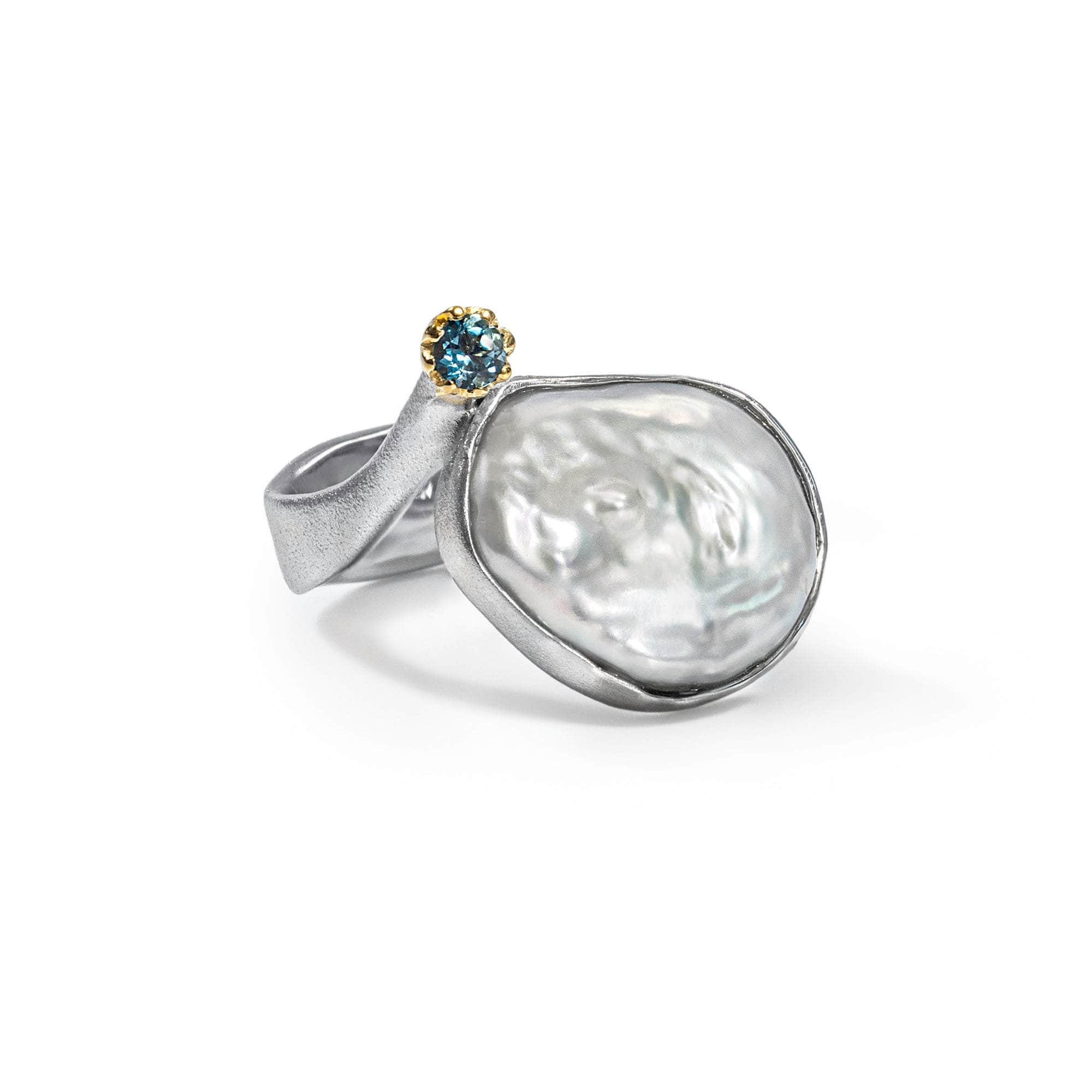 Vit Baroque Pearl and London Blue Topaz Ring (White Rhodium, Gold 18K) GERMAN KABIRSKI