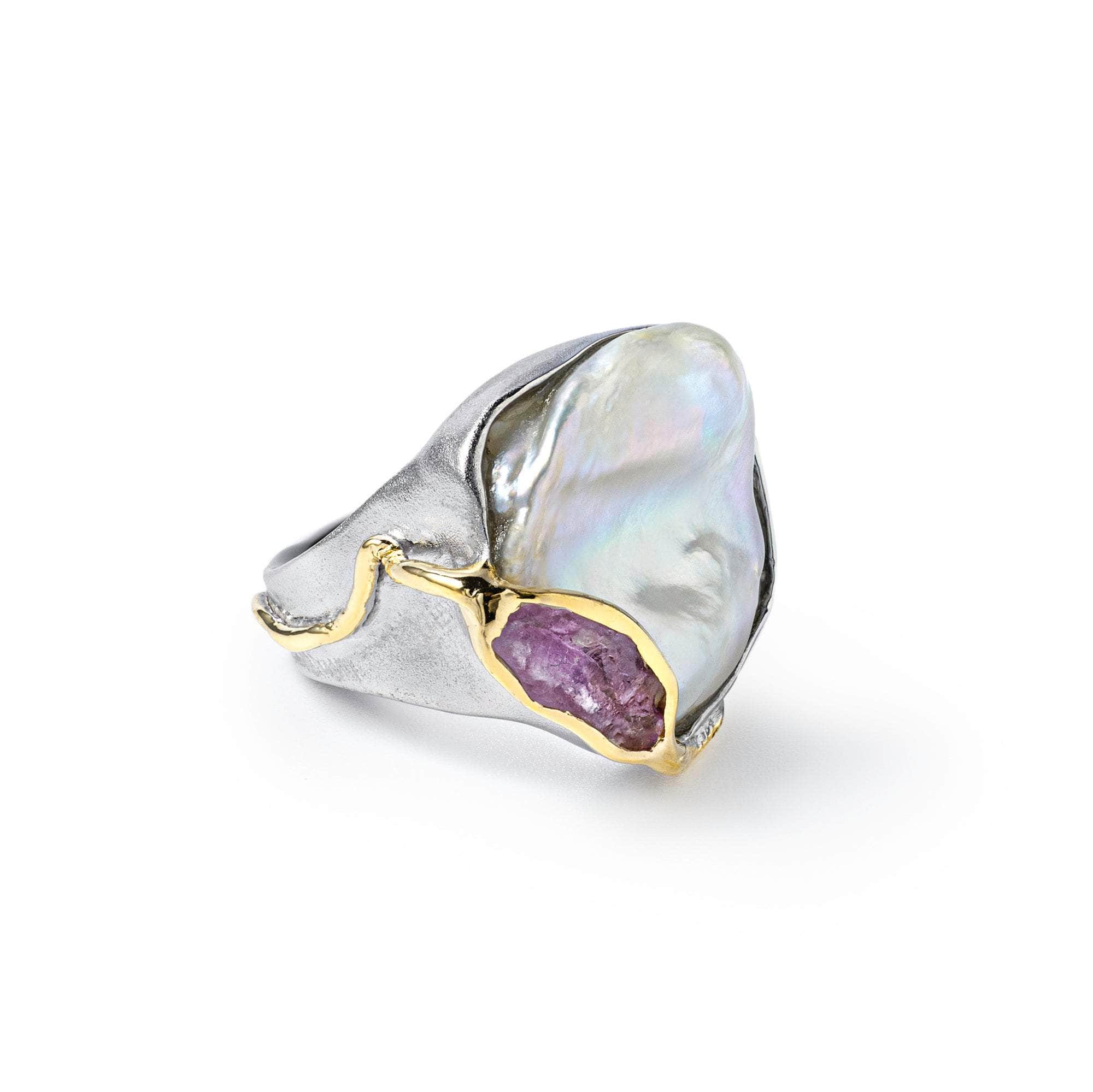 Yosa Baroque Pearl and Rough Pink Sapphire Ring (White Rhodium and Gold 18K) GERMAN KABIRSKI