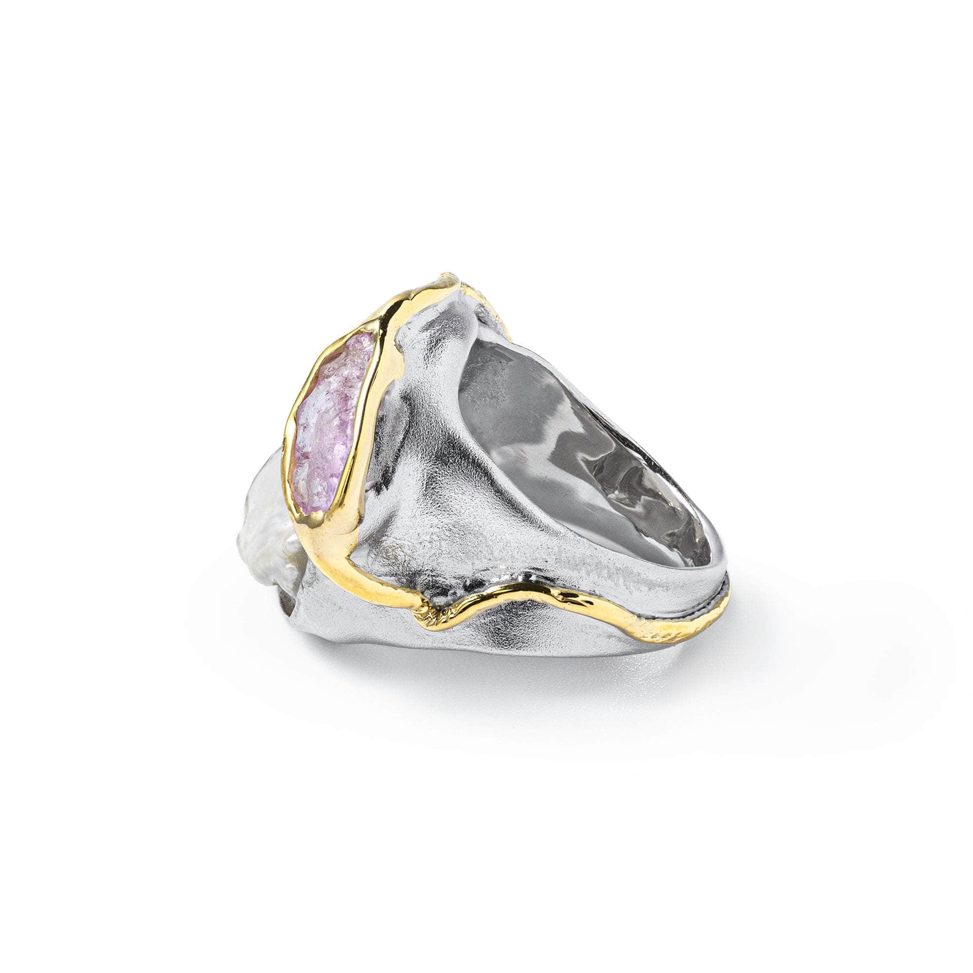 Yosa Baroque Pearl and Rough Pink Sapphire Ring (White Rhodium and Gold 18K) GERMAN KABIRSKI