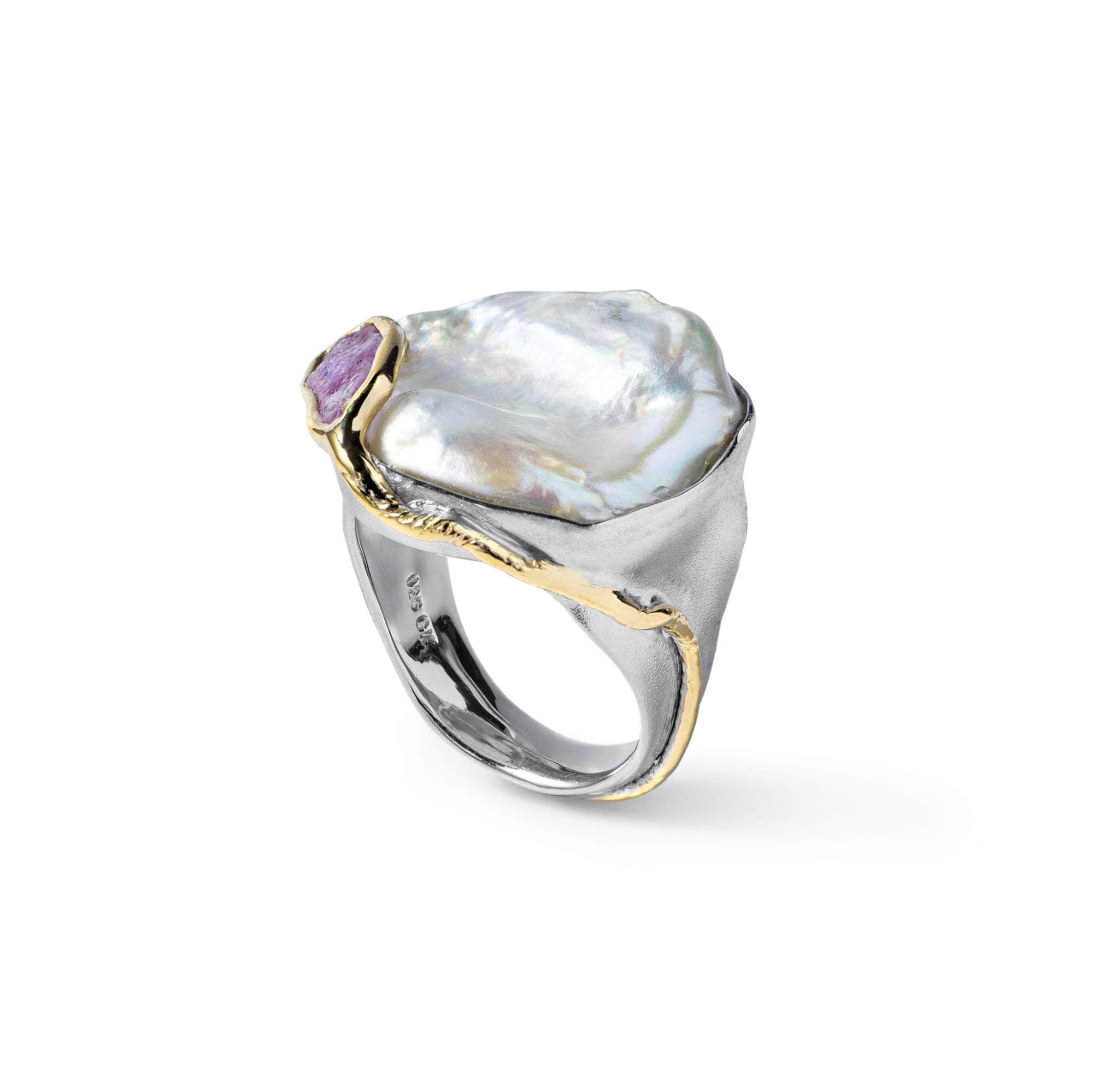 Yosa Baroque Pearl and Rough Pink Sapphire Ring (White Rhodium and Gold 18K) GERMAN KABIRSKI