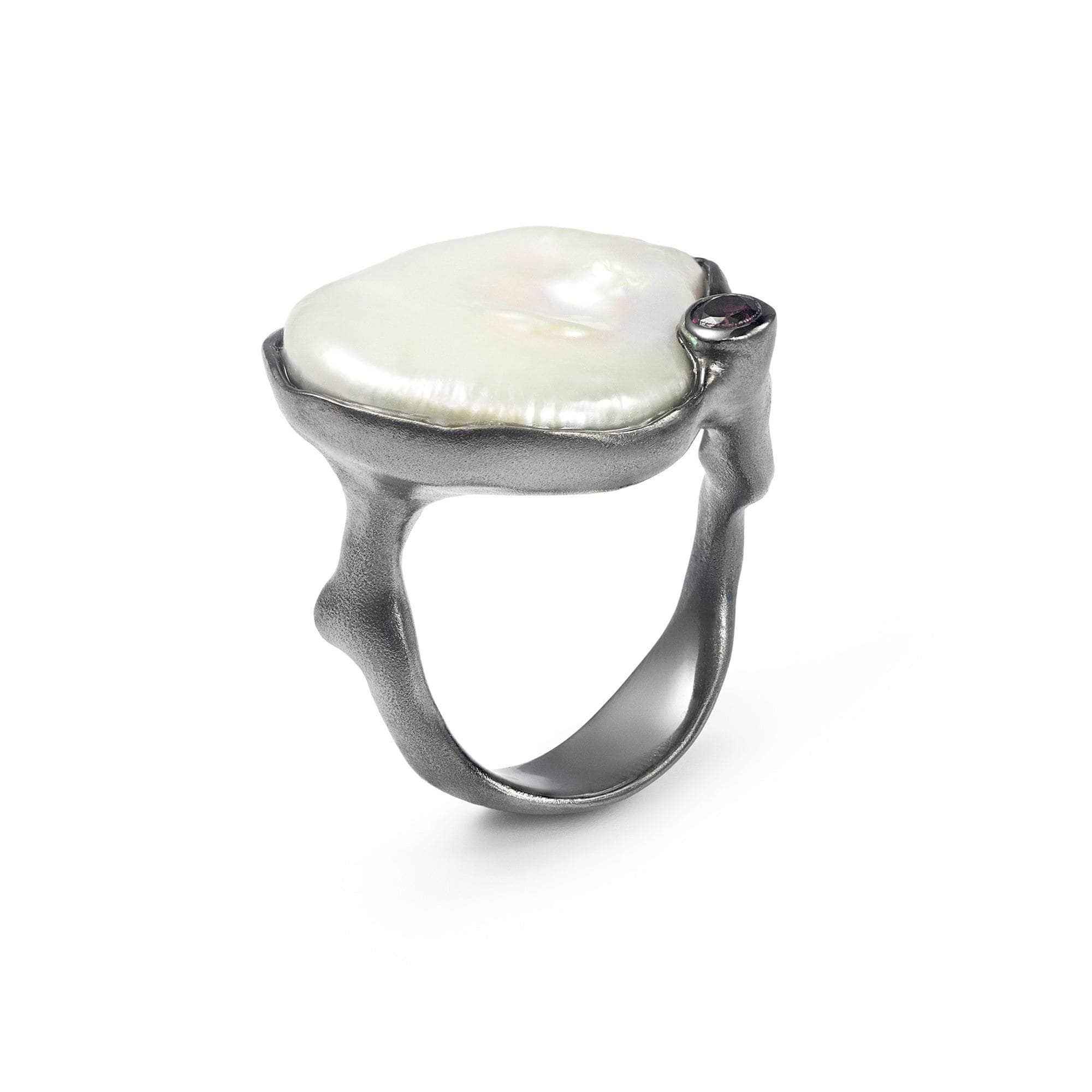 Zakiah Baroque Pearl and Rhodolite Ring (Black Ruthenium) GERMAN KABIRSKI