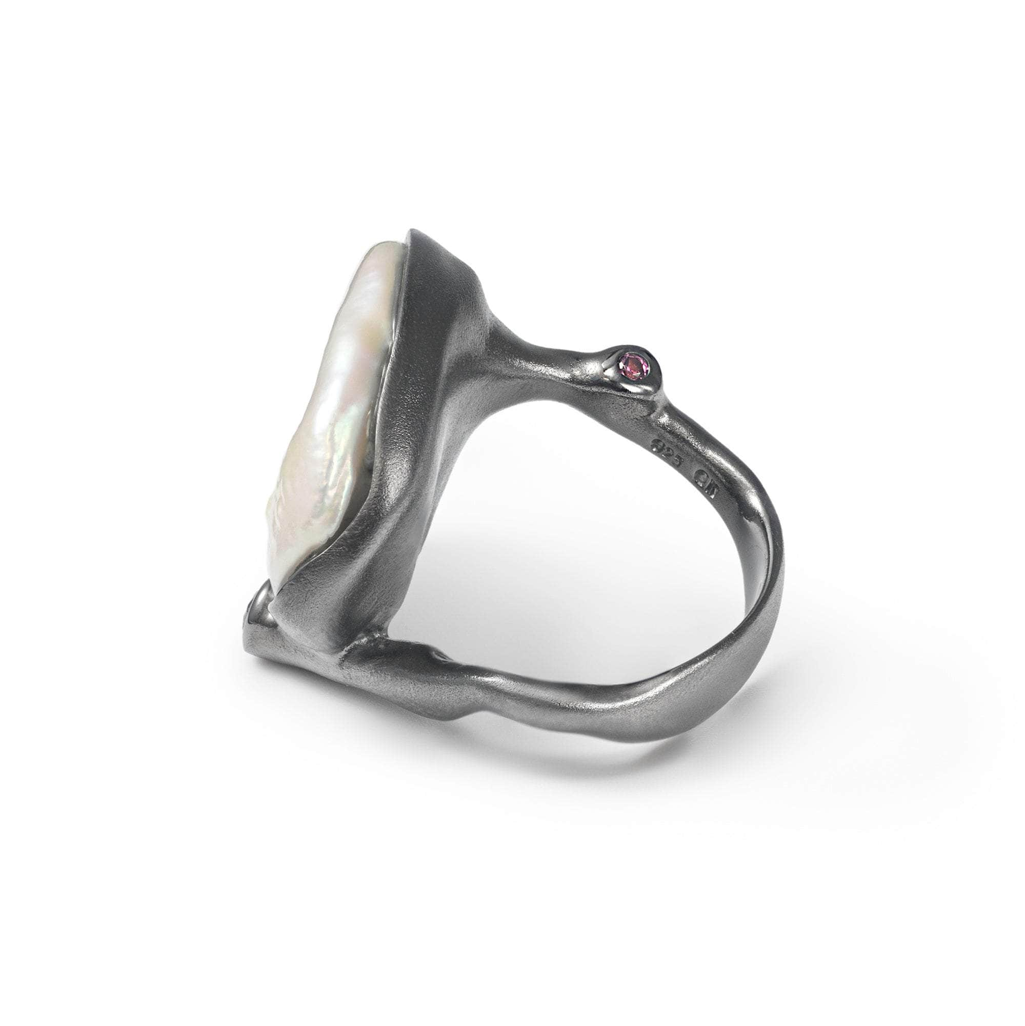 Zakiah Baroque Pearl and Rhodolite Ring (Black Ruthenium) GERMAN KABIRSKI