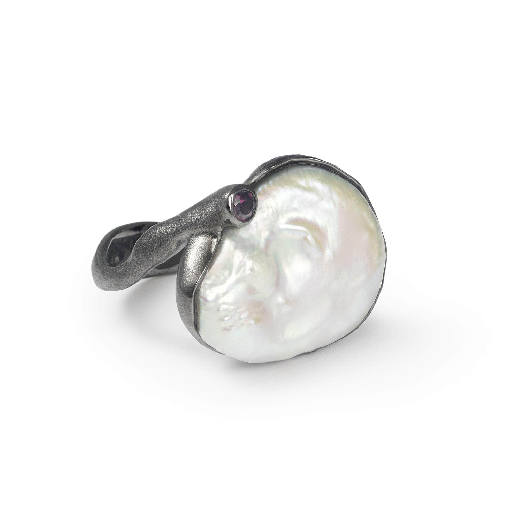 Zakiah Baroque Pearl and Rhodolite Ring (Black Ruthenium) GERMAN KABIRSKI